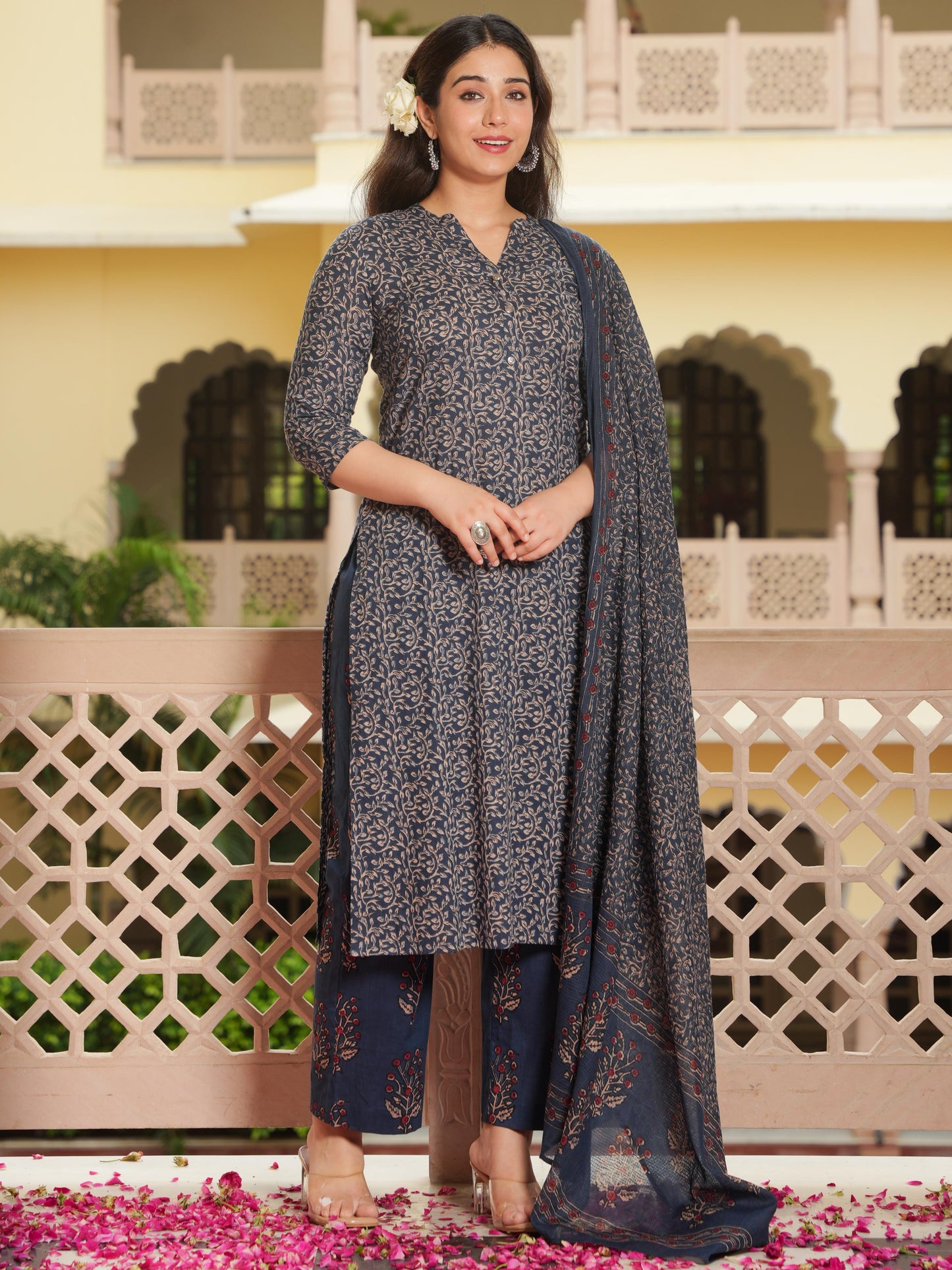 Soft Cotton Floral Straight Blue Kurta