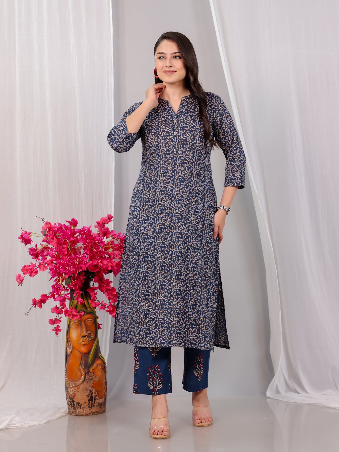Soft Cotton Floral Straight Blue Kurta