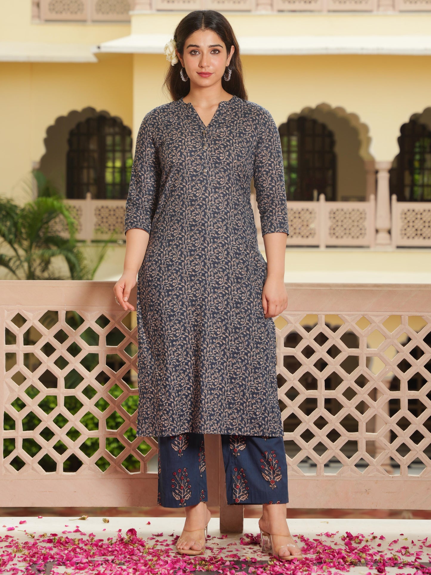 Soft Cotton Floral Straight Blue Kurta
