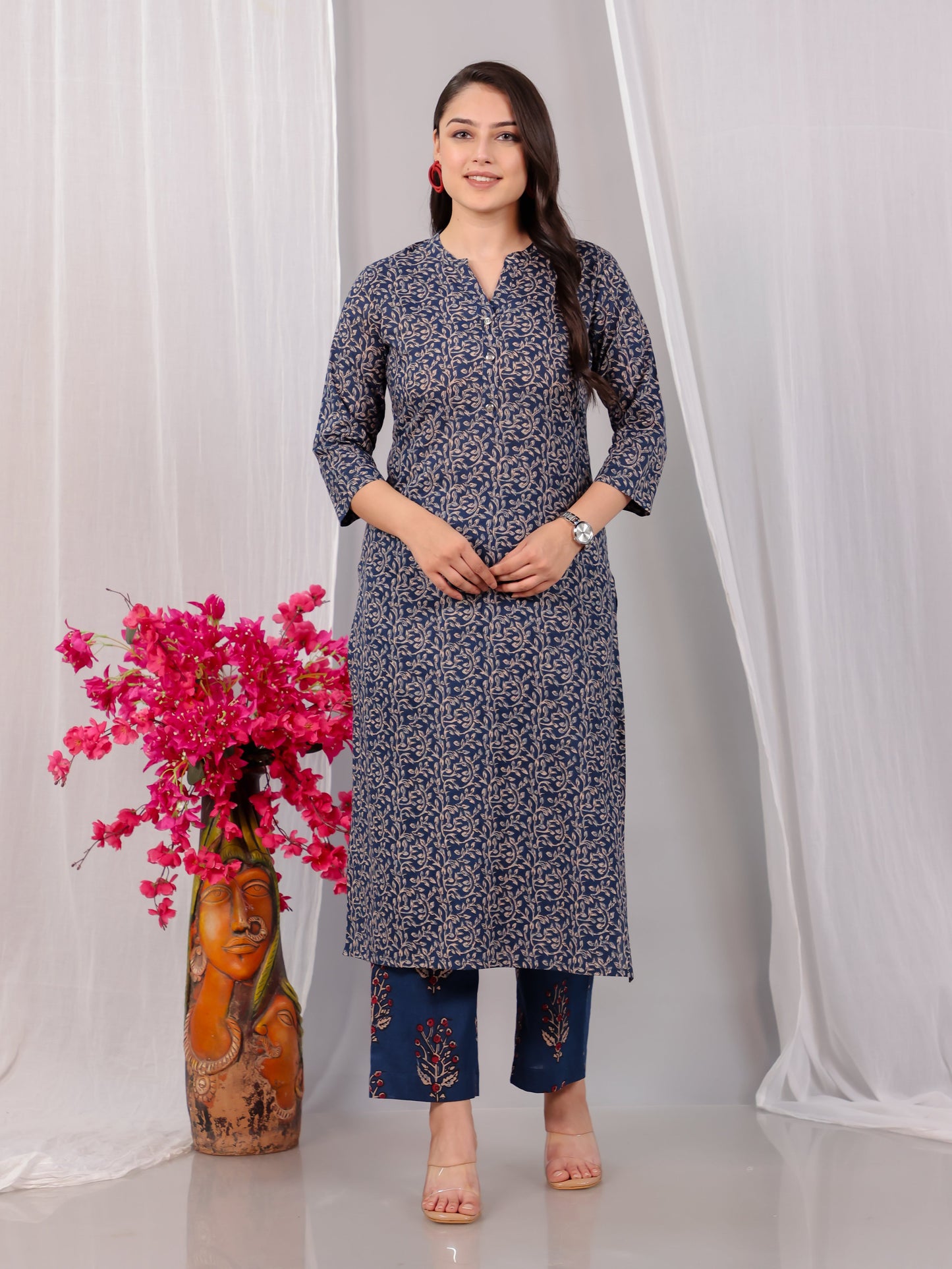 Soft Cotton Floral Straight Blue Kurta