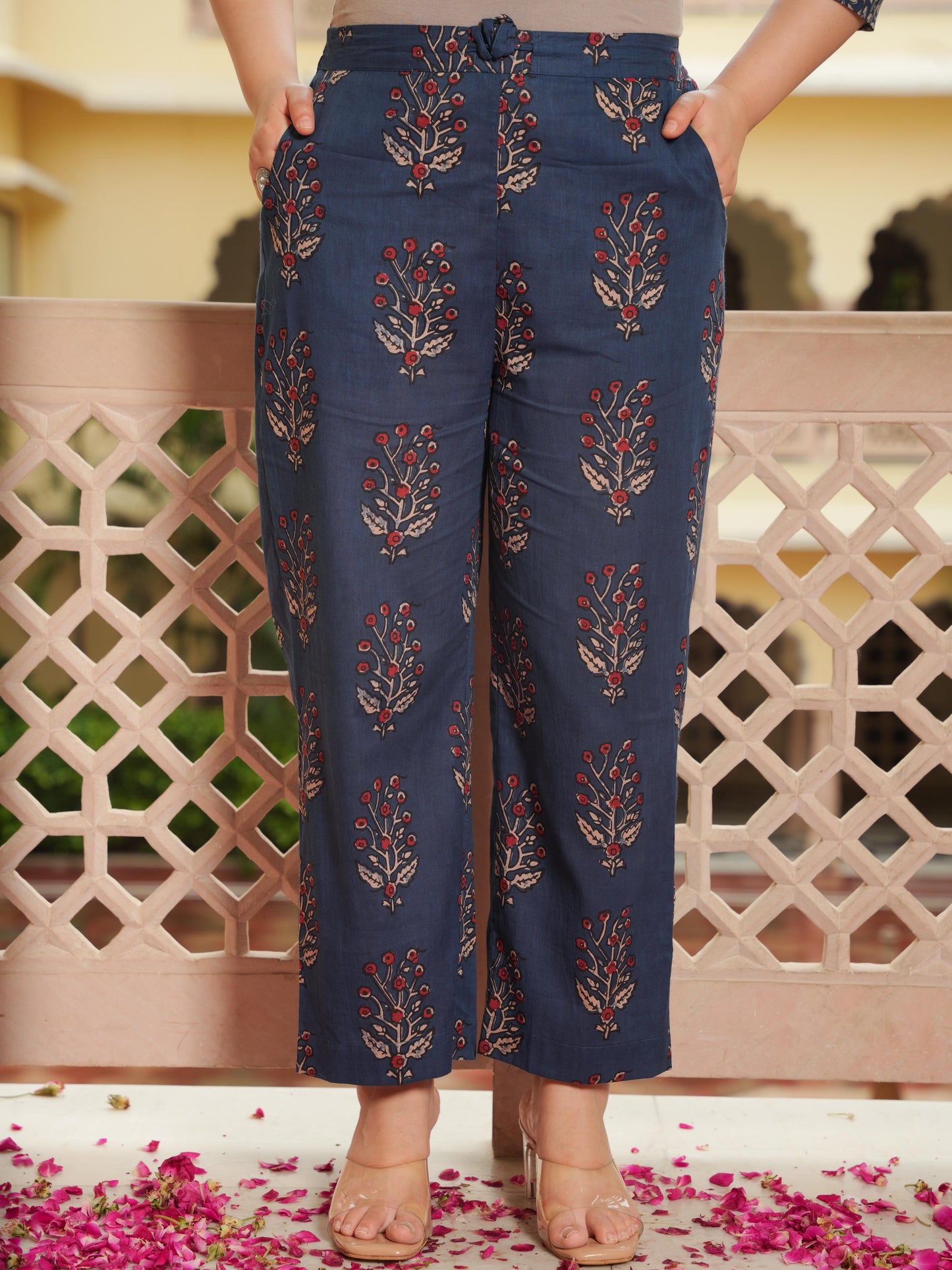 Soft Cotton Floral Blue Straight Straight Trousers