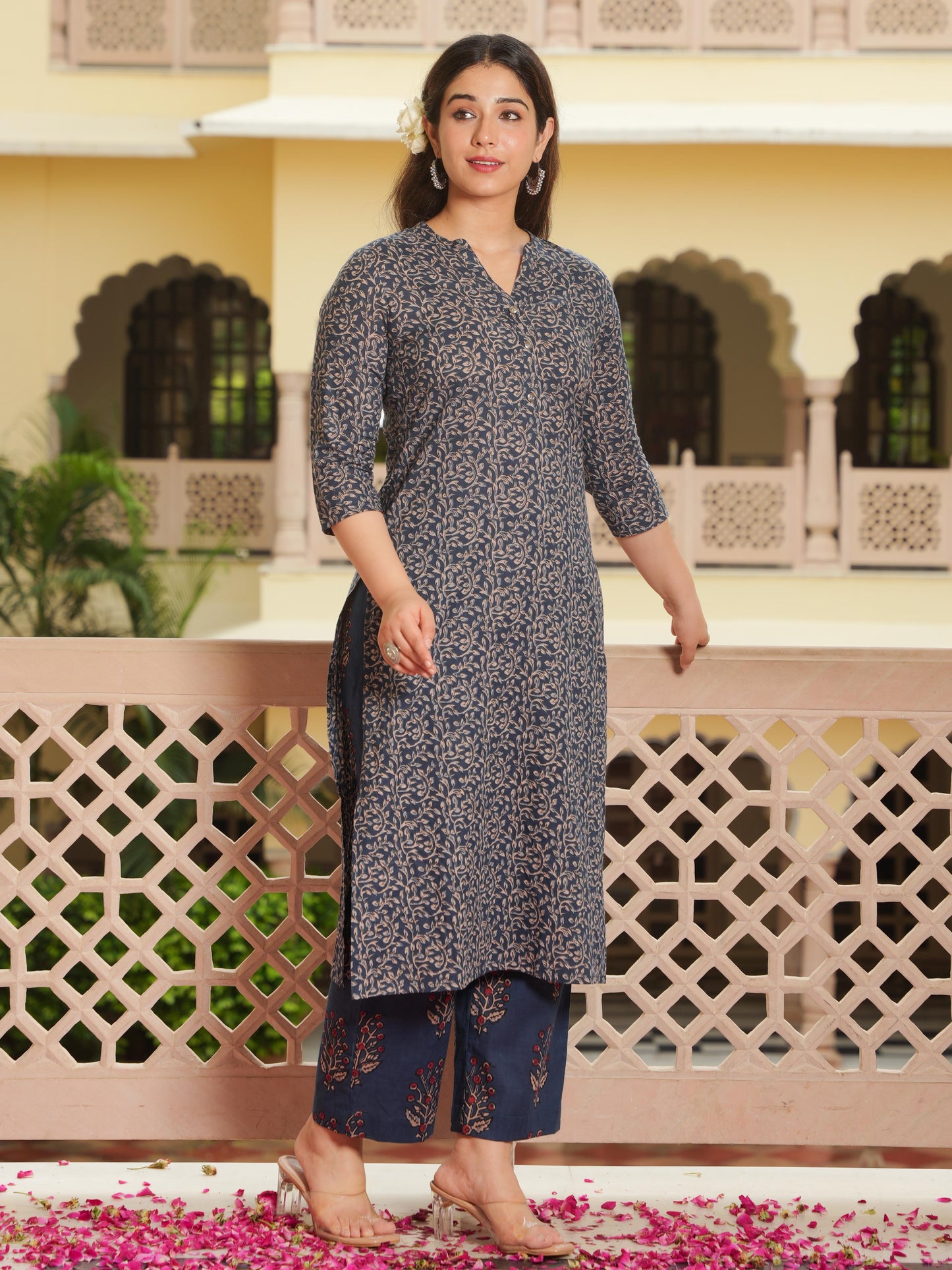 Soft Cotton Floral Straight Blue Kurta