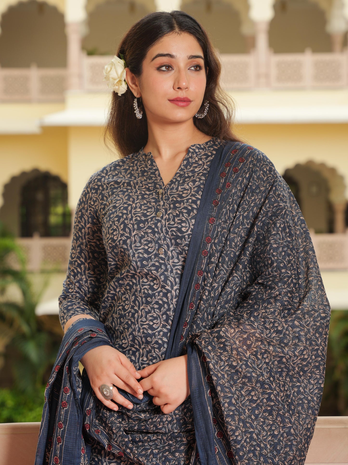 Soft Cotton Floral Straight Blue Kurta
