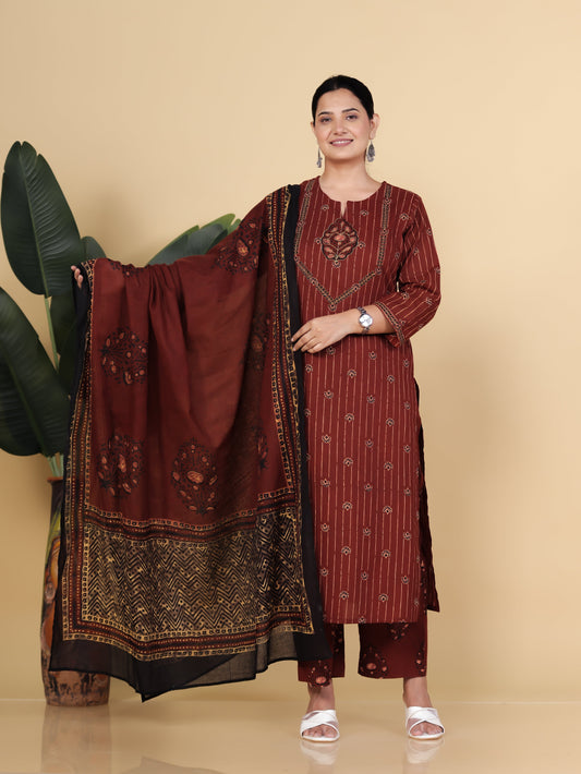 Kota Doria Floral Rust Dupatta