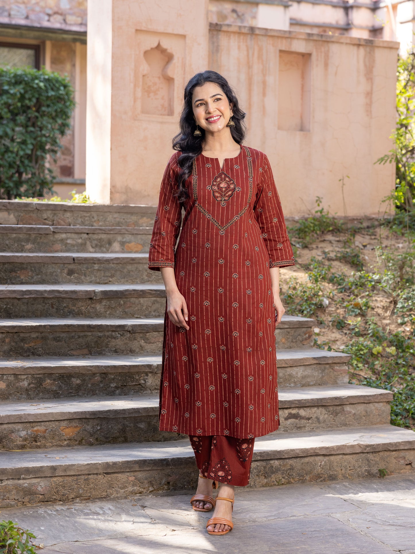 Embroidered Soft Cotton Floral Straight Rust Kurta