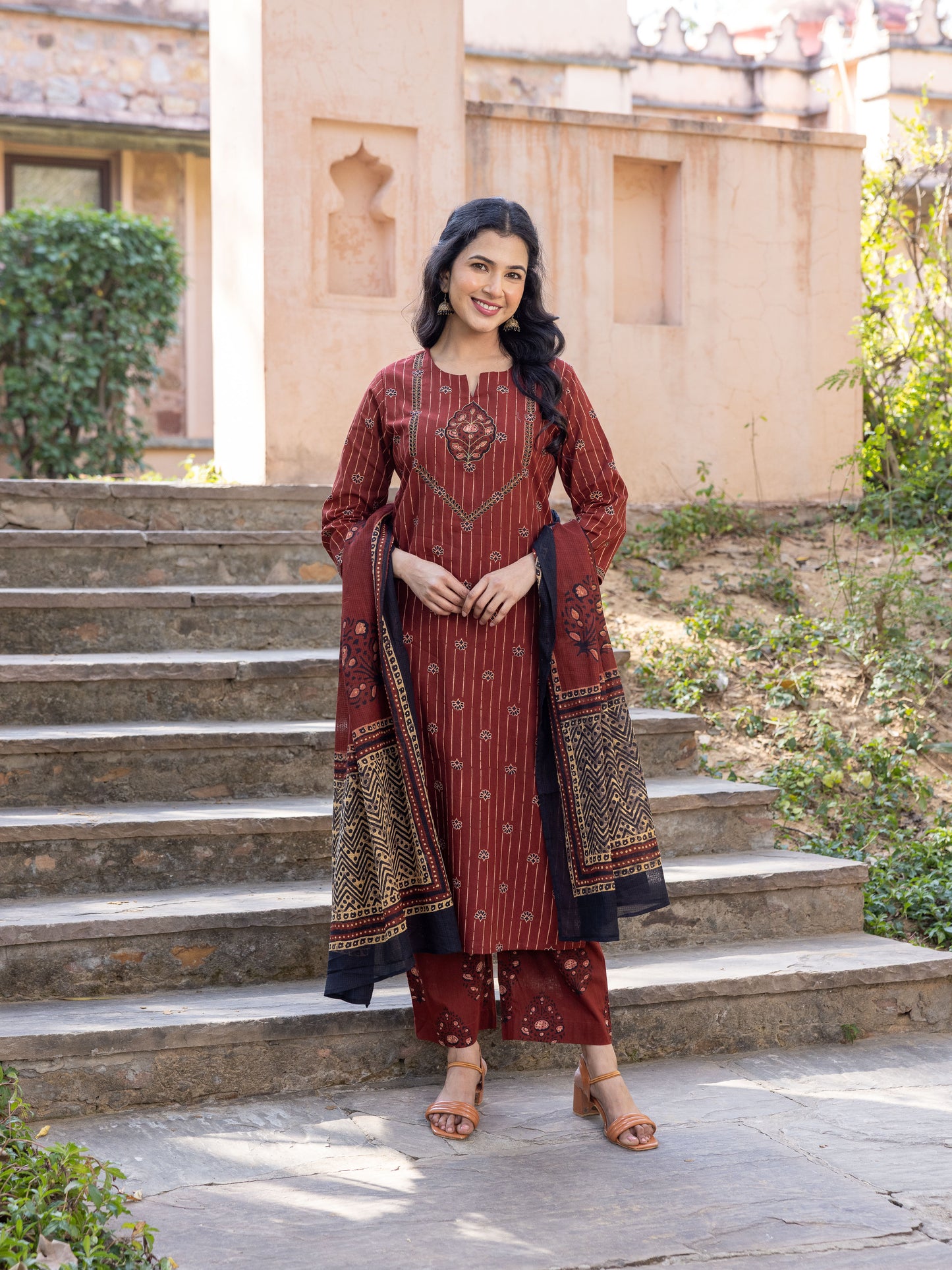 Embroidered Soft Cotton Floral Straight Rust Kurta