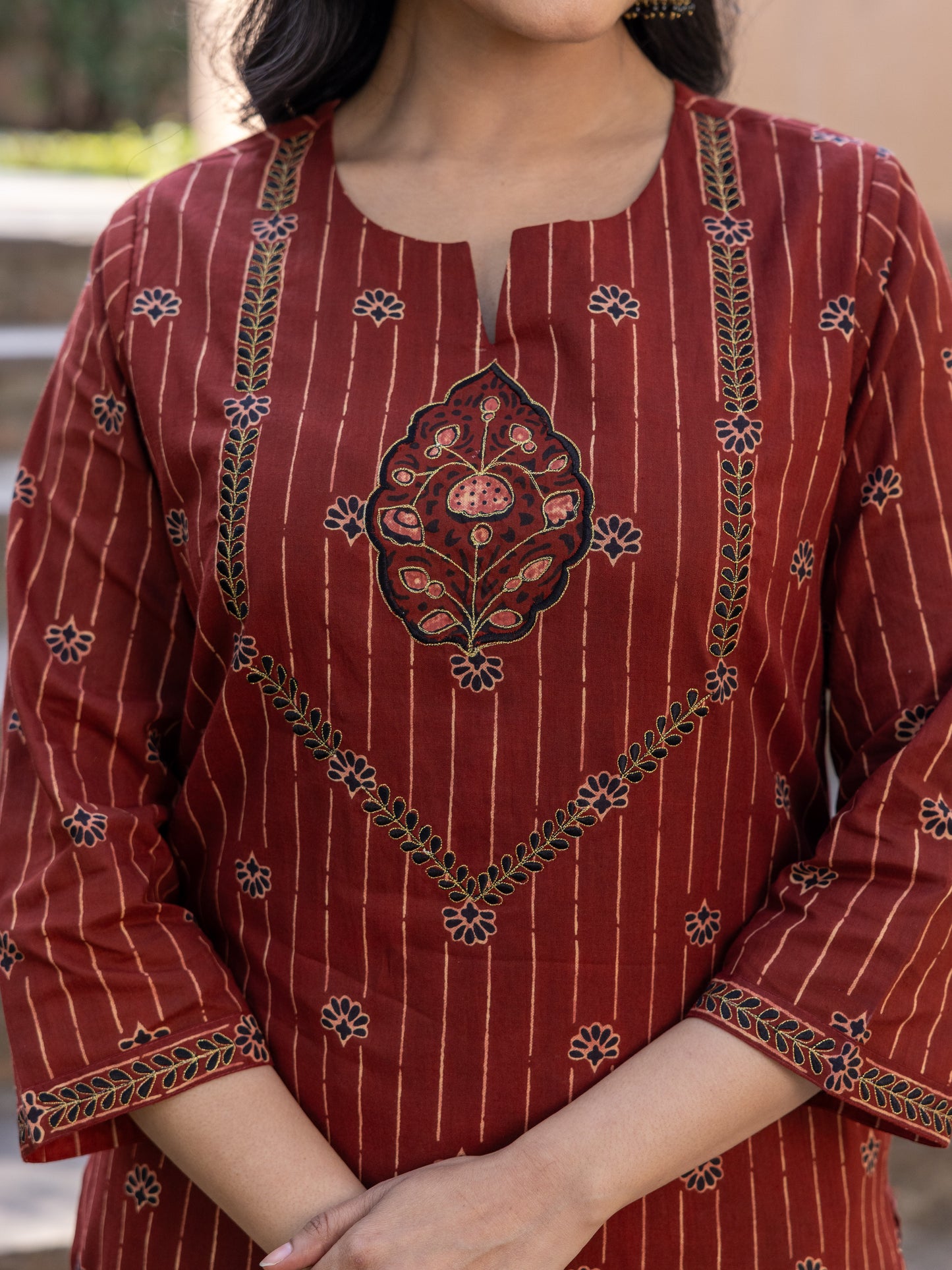 Embroidered Soft Cotton Floral Straight Rust Kurta