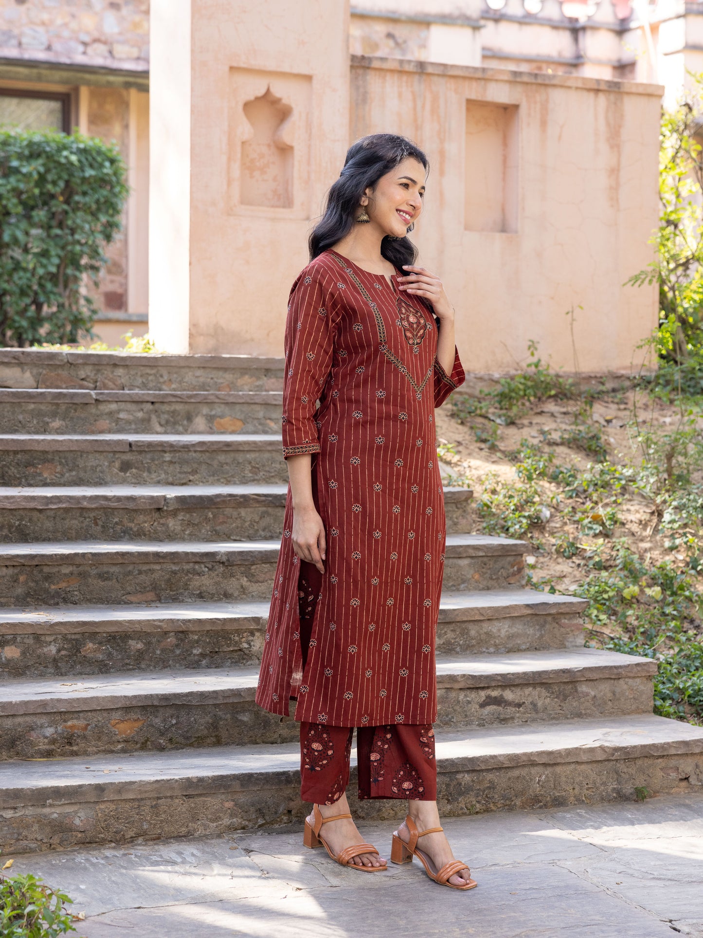 Embroidered Soft Cotton Floral Straight Rust Kurta