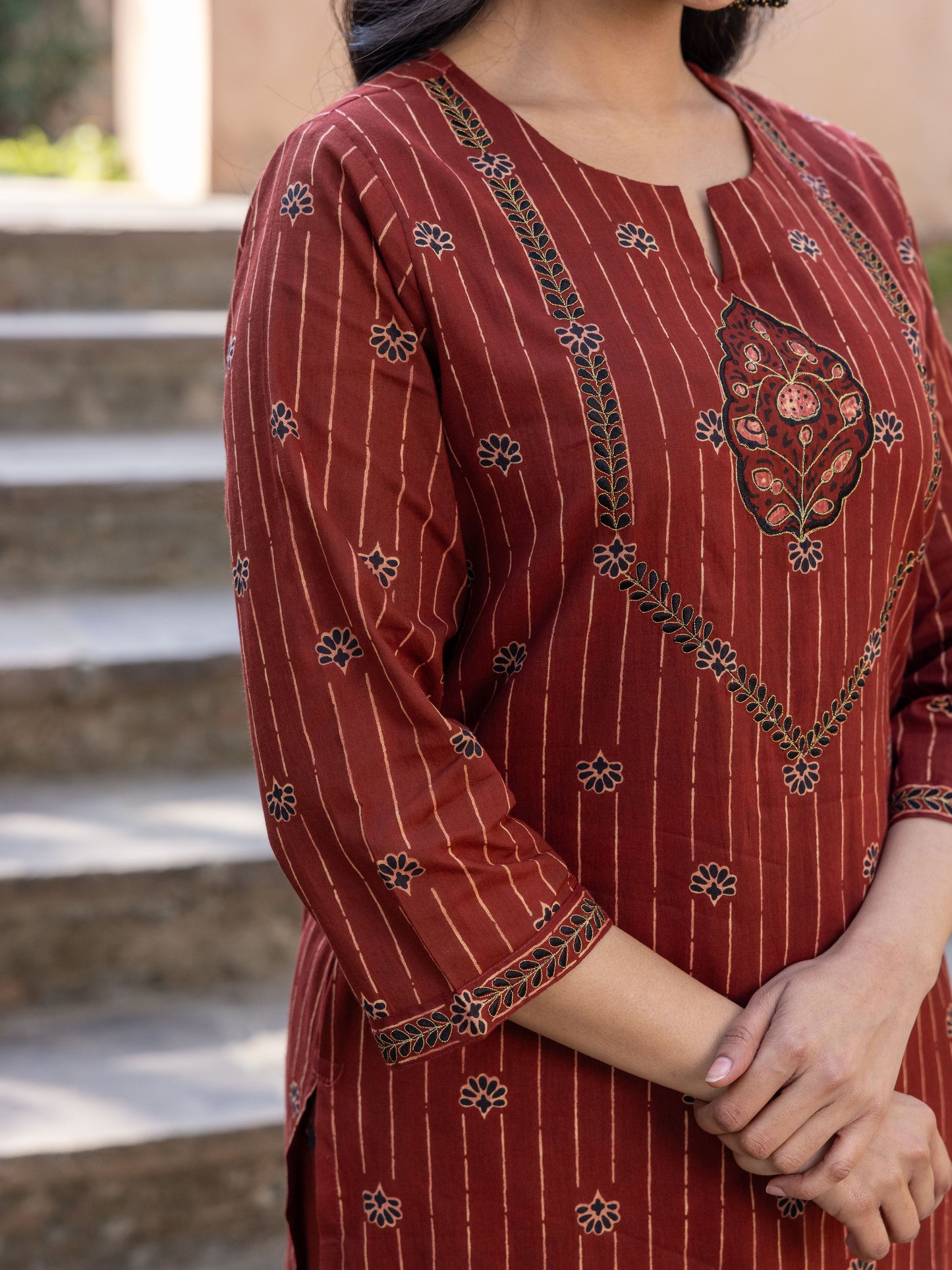 Embroidered Soft Cotton Floral Straight Rust Kurta