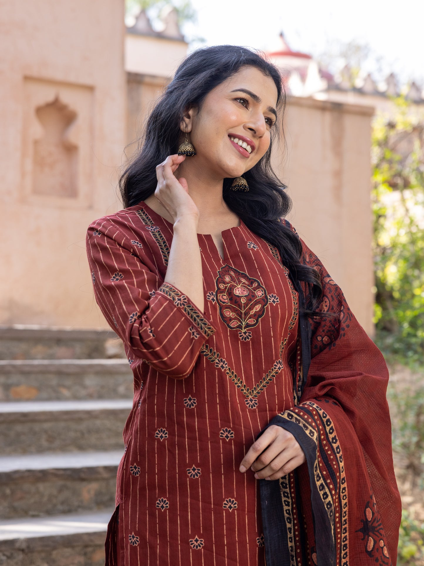 Embroidered Soft Cotton Floral Straight Rust Kurta