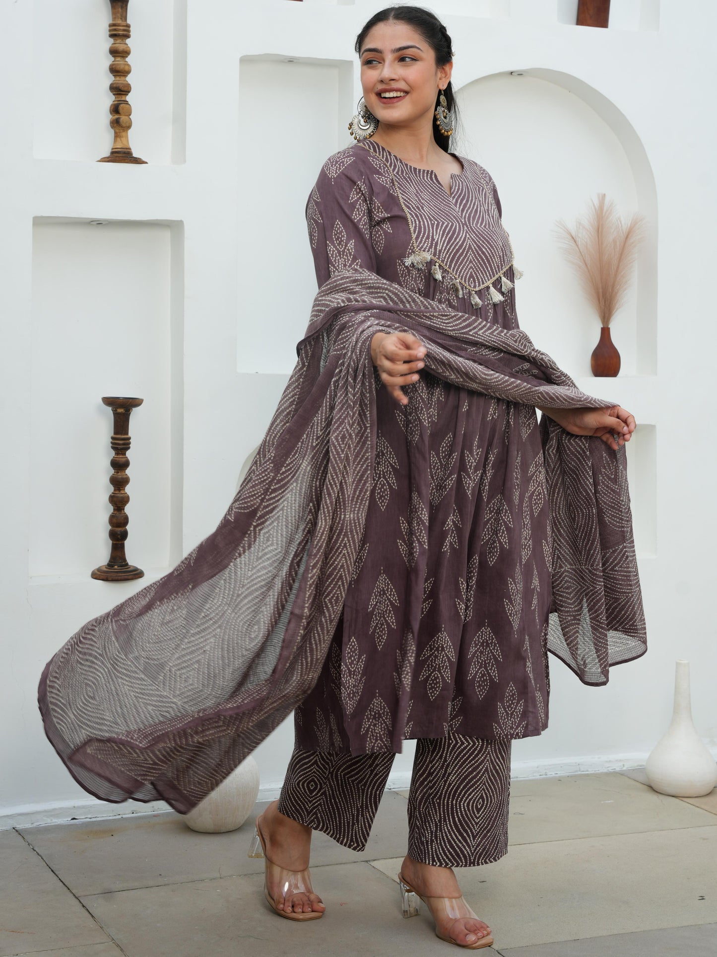 Soft Cotton Bandhani Flared Mauve Kurta