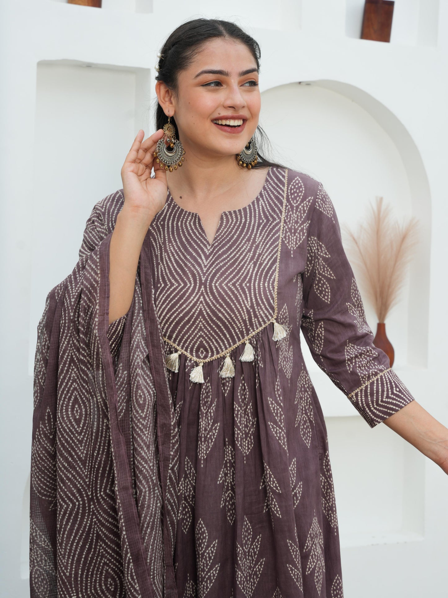 Soft Cotton Bandhani Flared Mauve Kurta