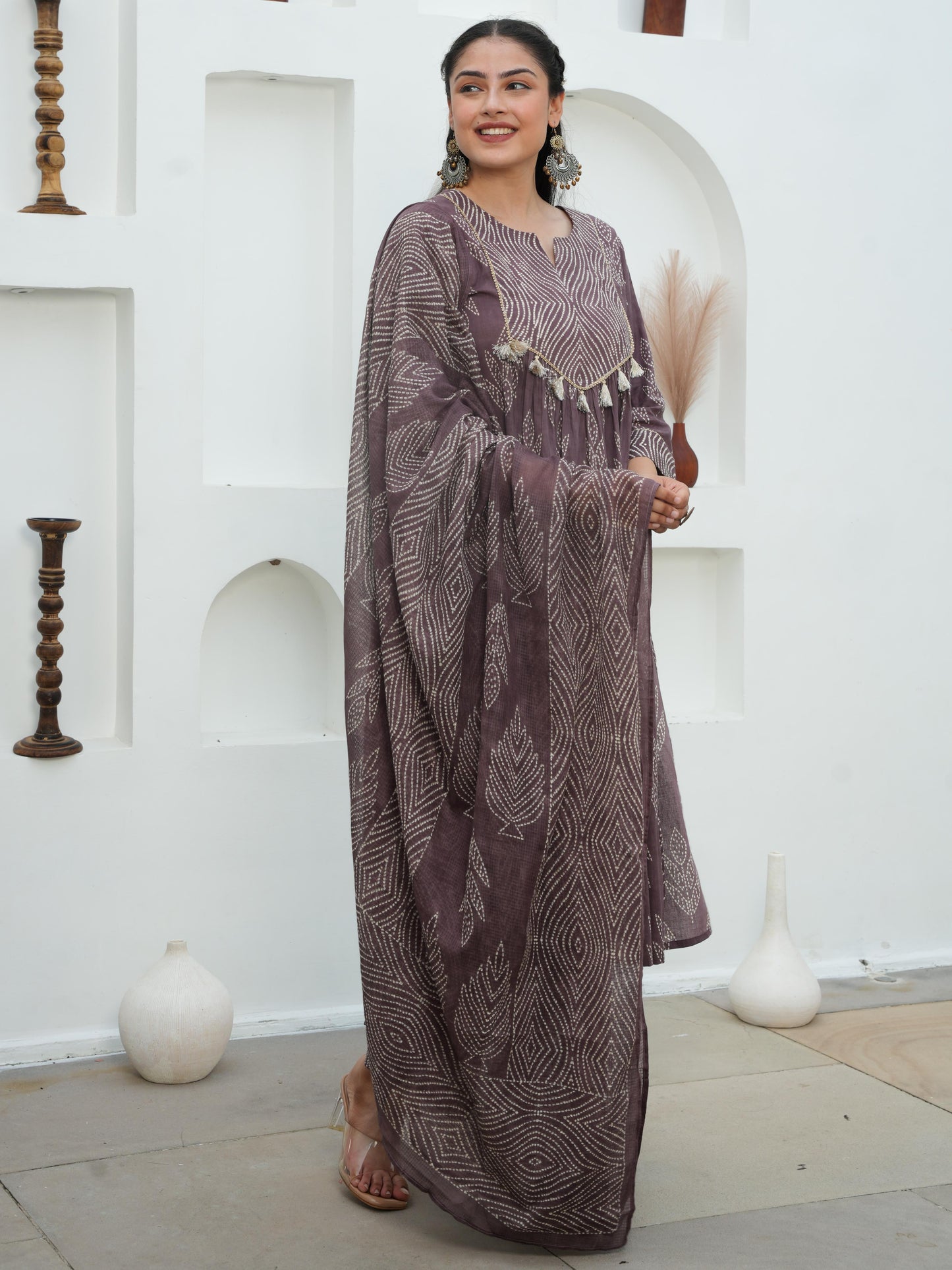 Soft Cotton Bandhani Flared Mauve Kurta