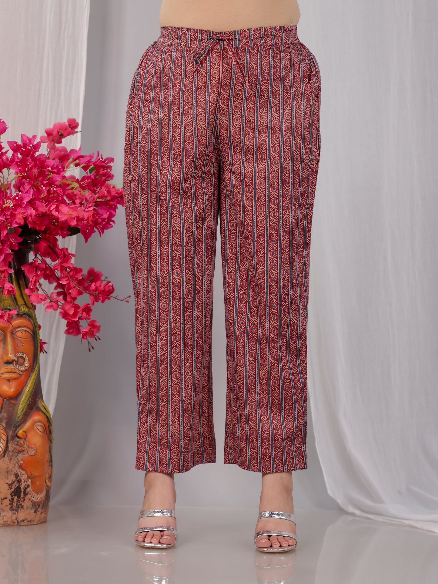 Soft Cotton Border print Maroon Straight Straight Trousers