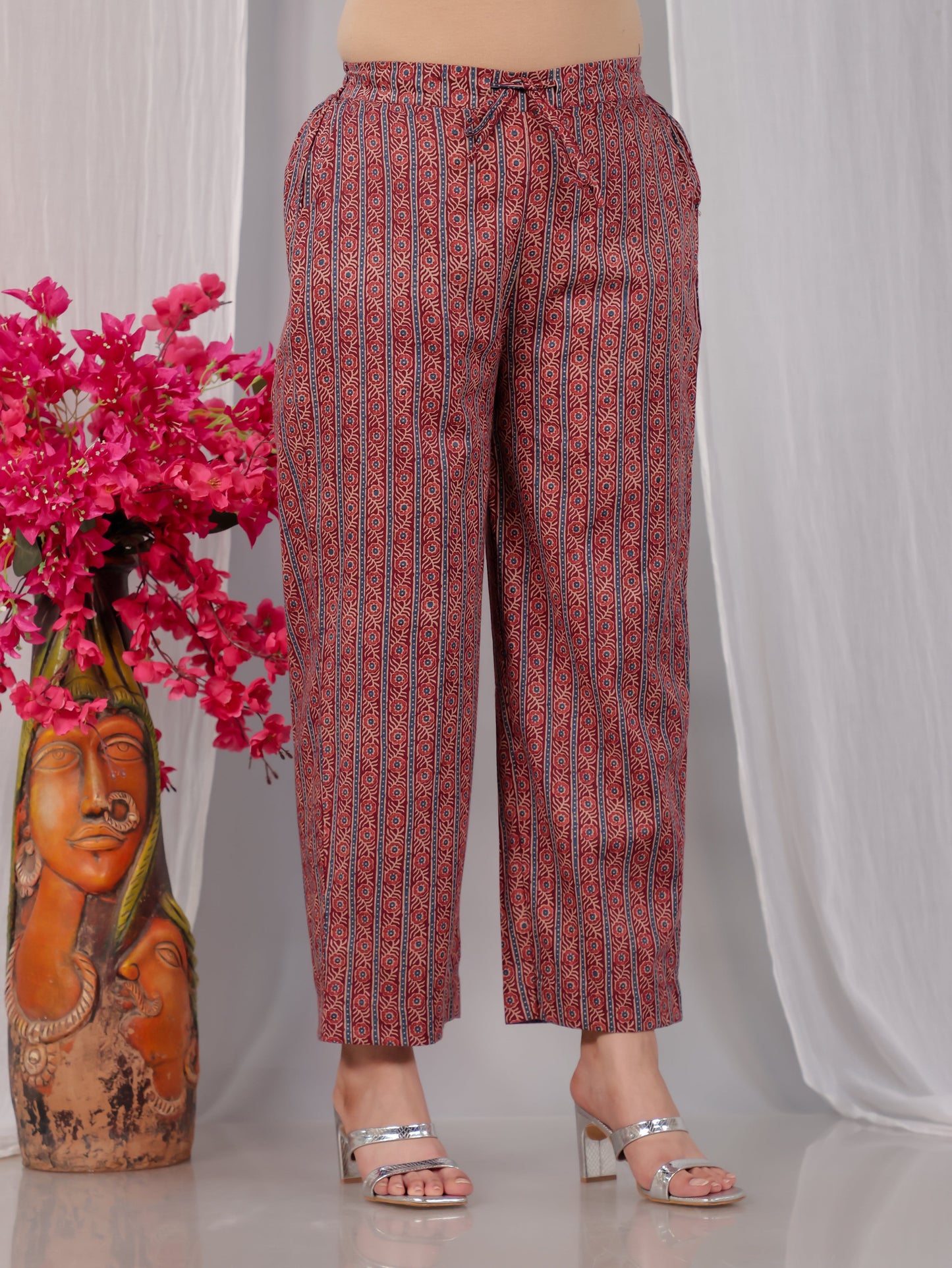 Soft Cotton Border print Maroon Straight Straight Trousers