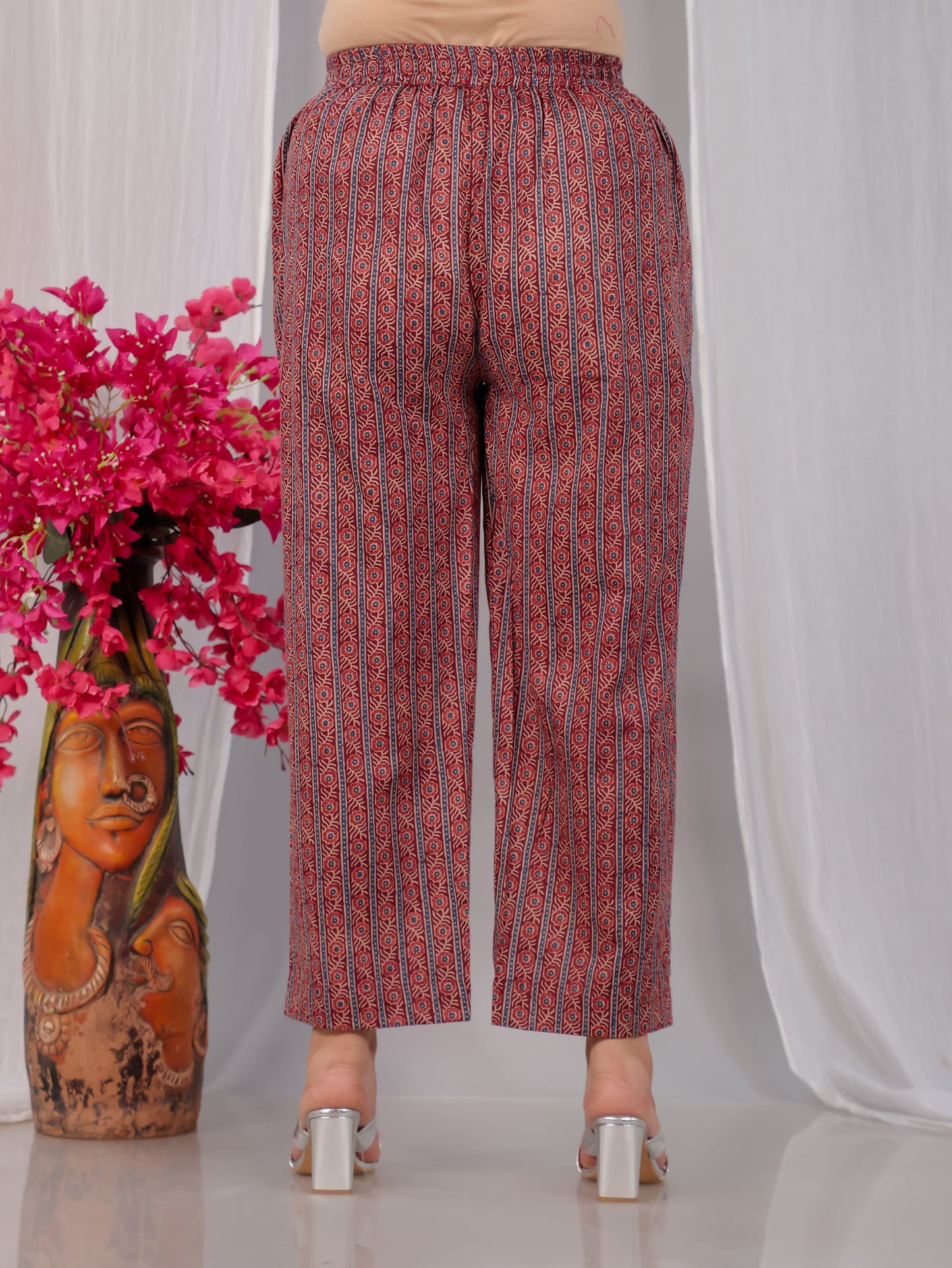 Soft Cotton Border print Maroon Straight Straight Trousers