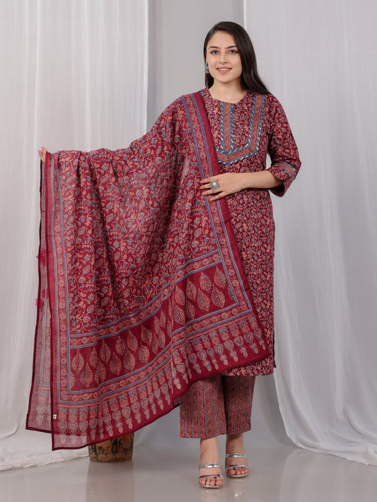 Cotton Voile Floral Maroon Dupatta