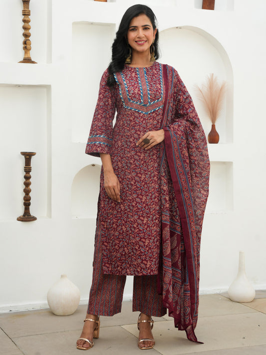 Cotton Voile Floral Maroon Dupatta
