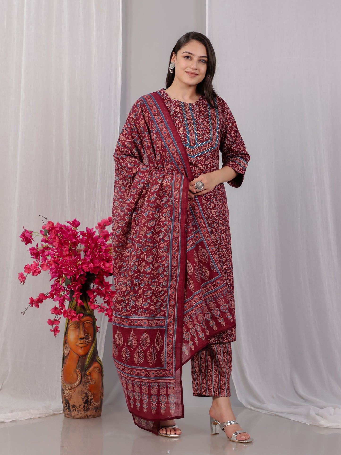 Cotton Voile Floral Maroon Dupatta