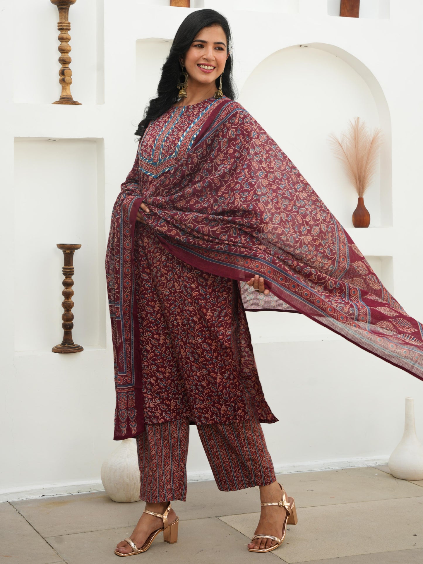 Cotton Voile Floral Maroon Dupatta