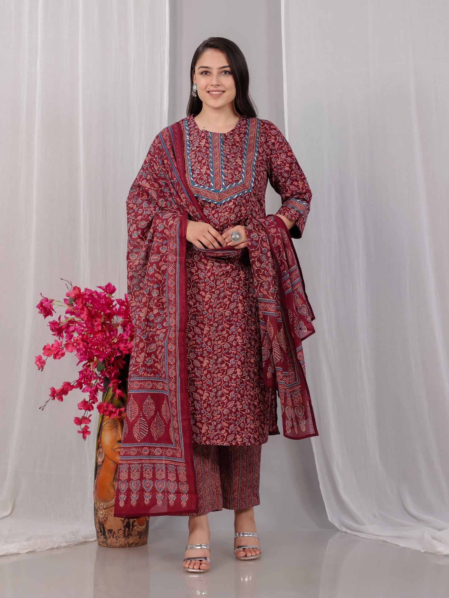 Cotton Voile Floral Maroon Dupatta