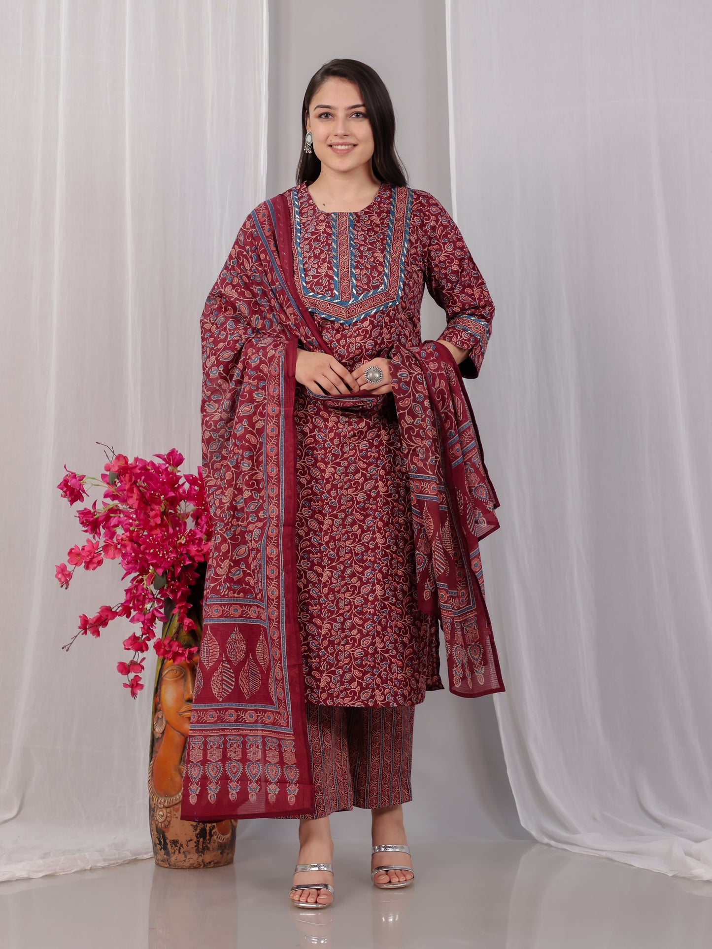 Soft Cotton Floral Straight Maroon Kurta