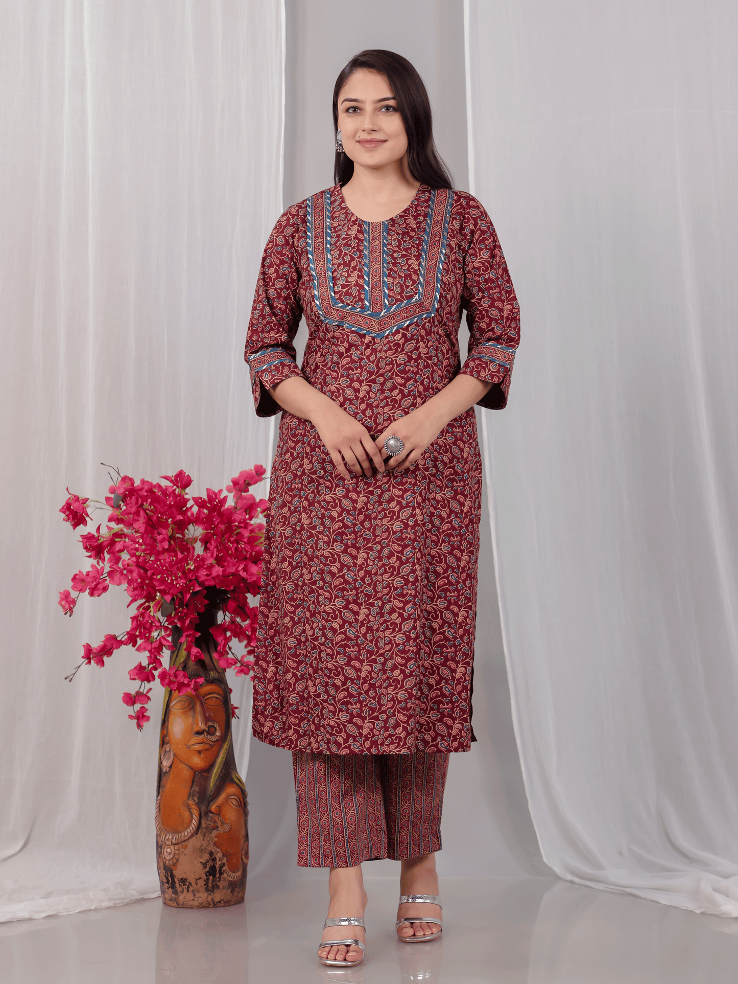 Soft Cotton Floral Straight Maroon Kurta