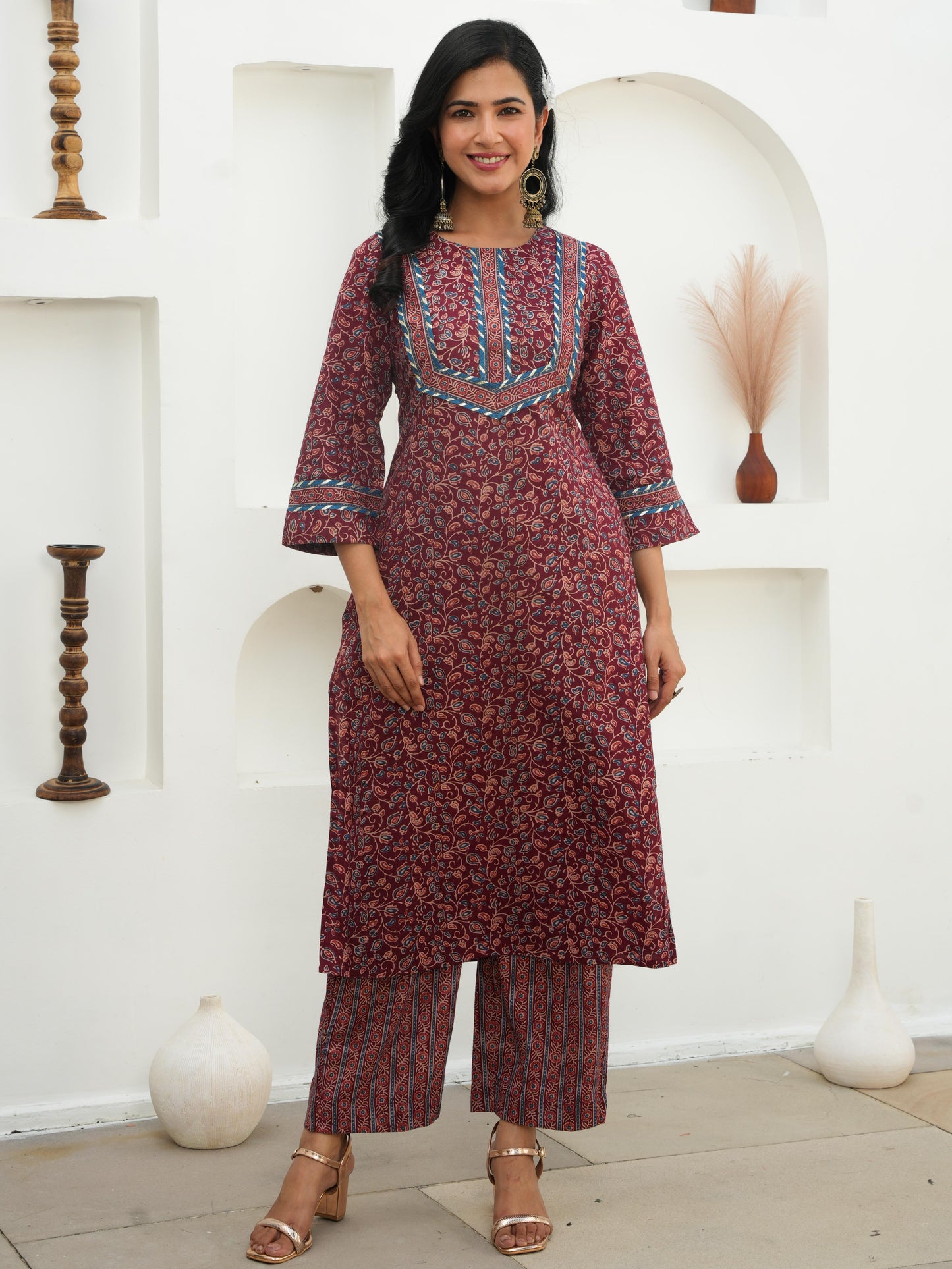 Soft Cotton Floral Straight Maroon Kurta