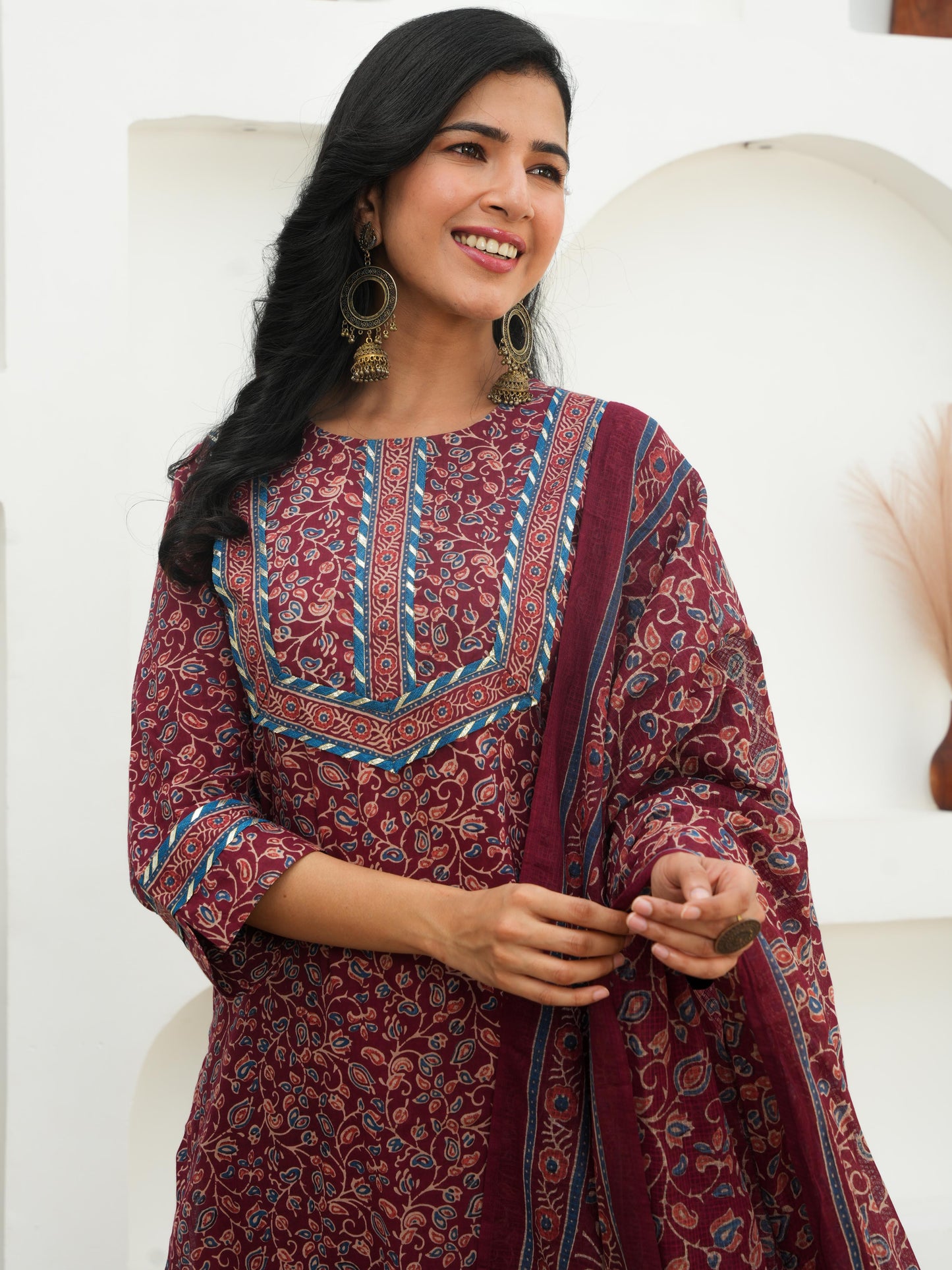 Soft Cotton Floral Straight Maroon Kurta