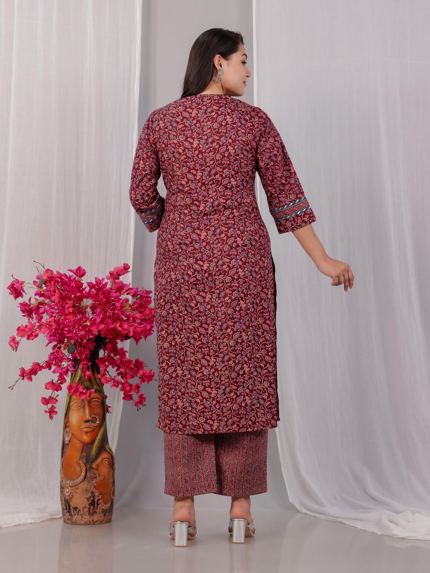 Soft Cotton Floral Straight Maroon Kurta