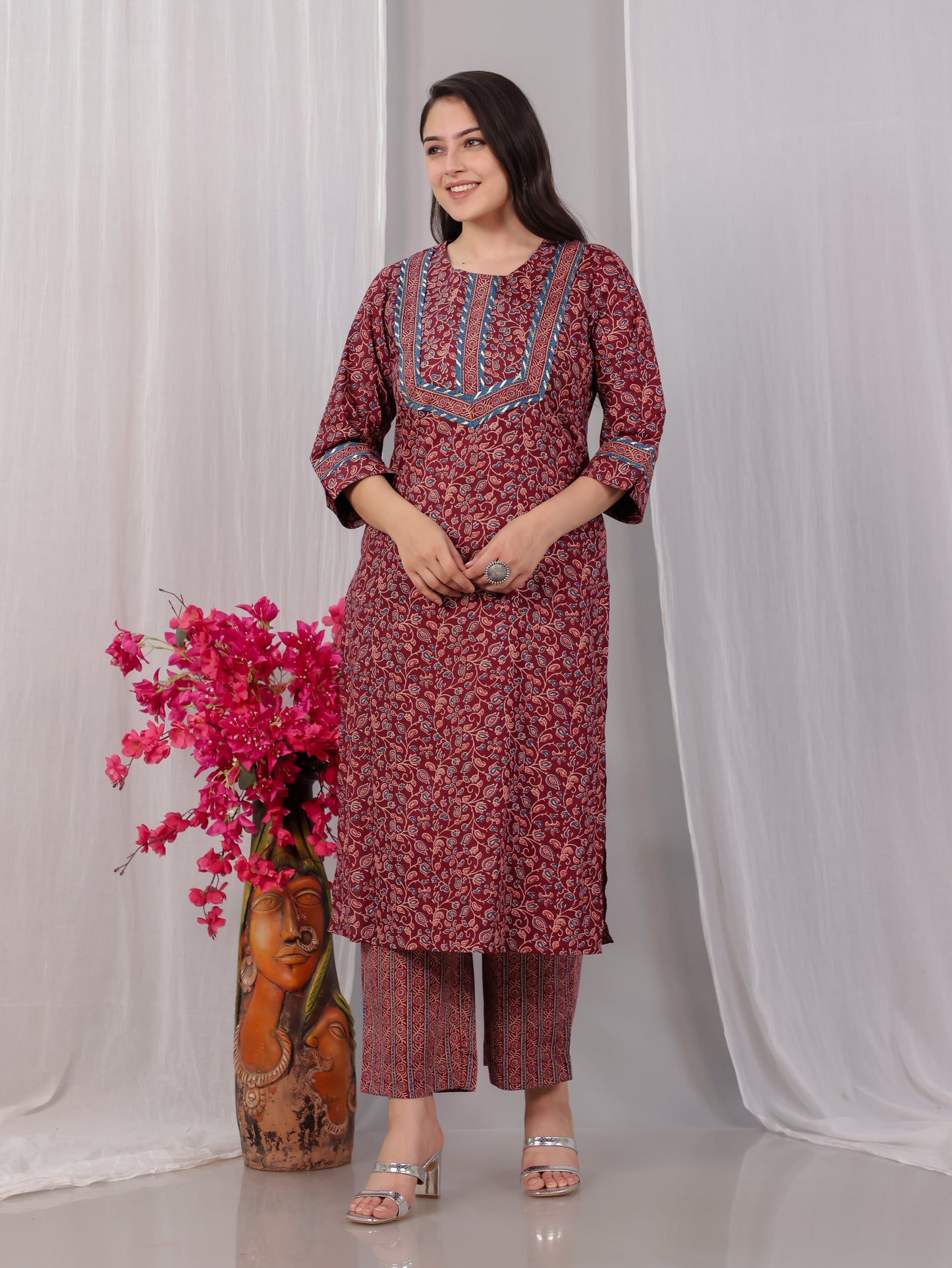Soft Cotton Floral Straight Maroon Kurta