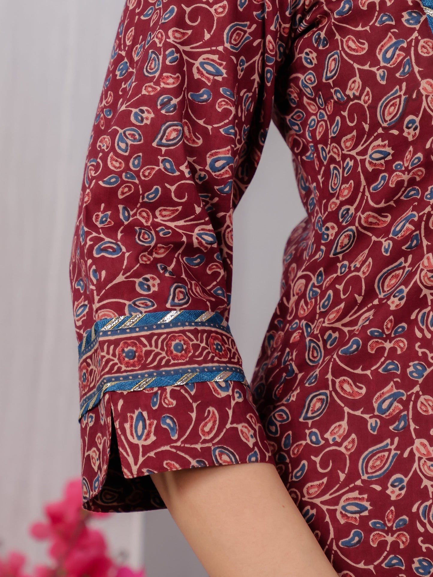 Soft Cotton Floral Straight Maroon Kurta