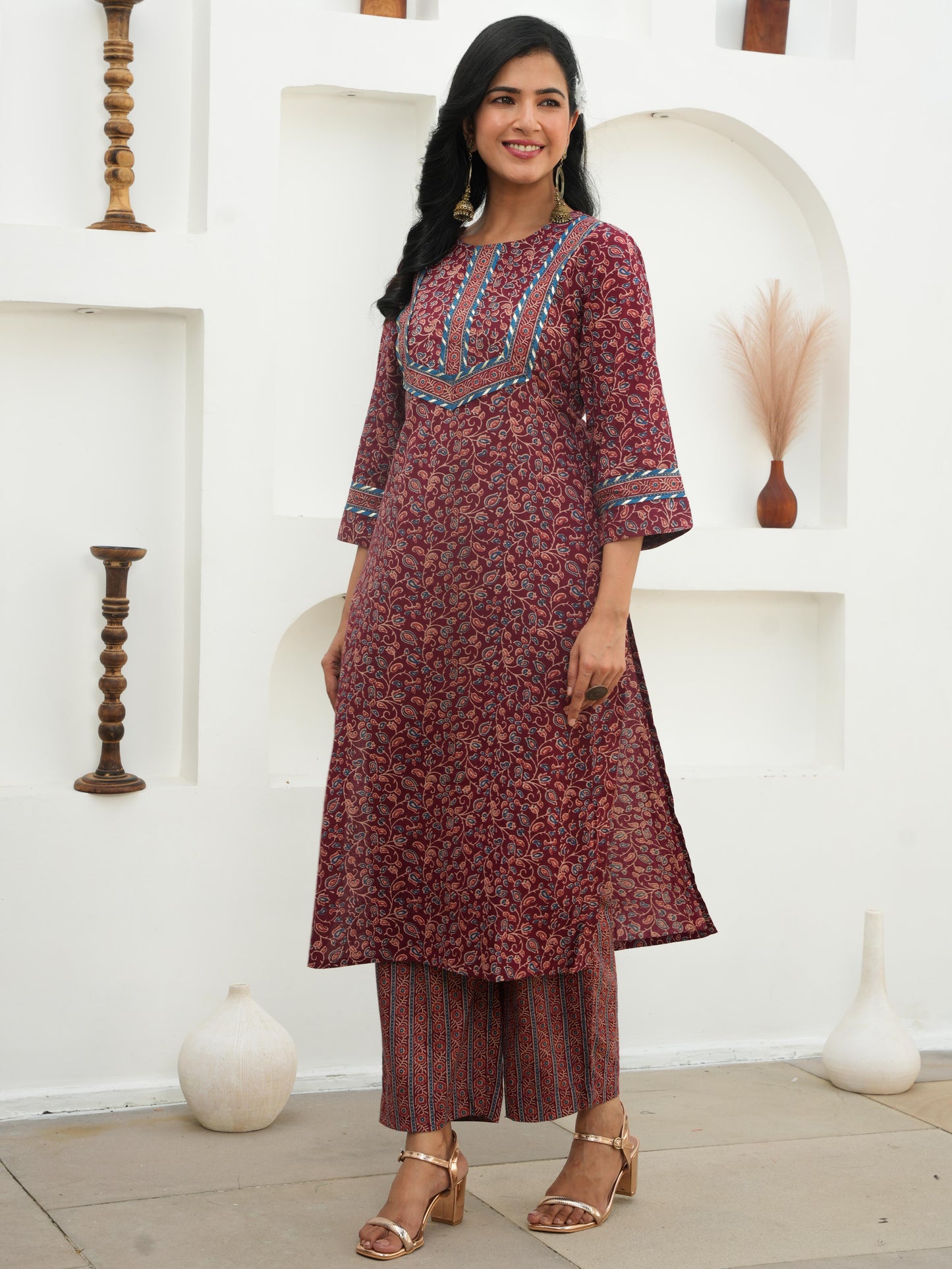 Soft Cotton Floral Straight Maroon Kurta
