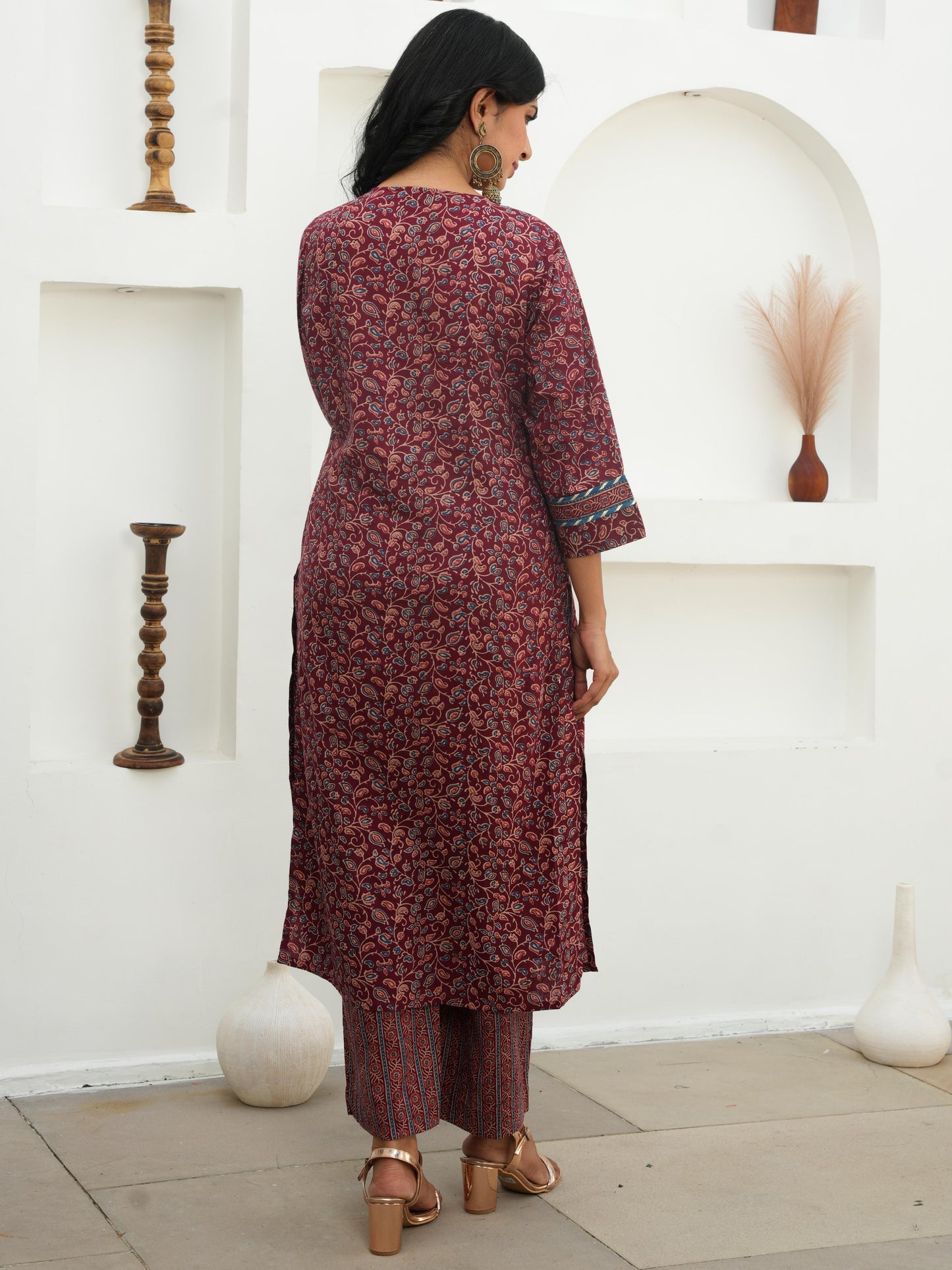Soft Cotton Floral Straight Maroon Kurta