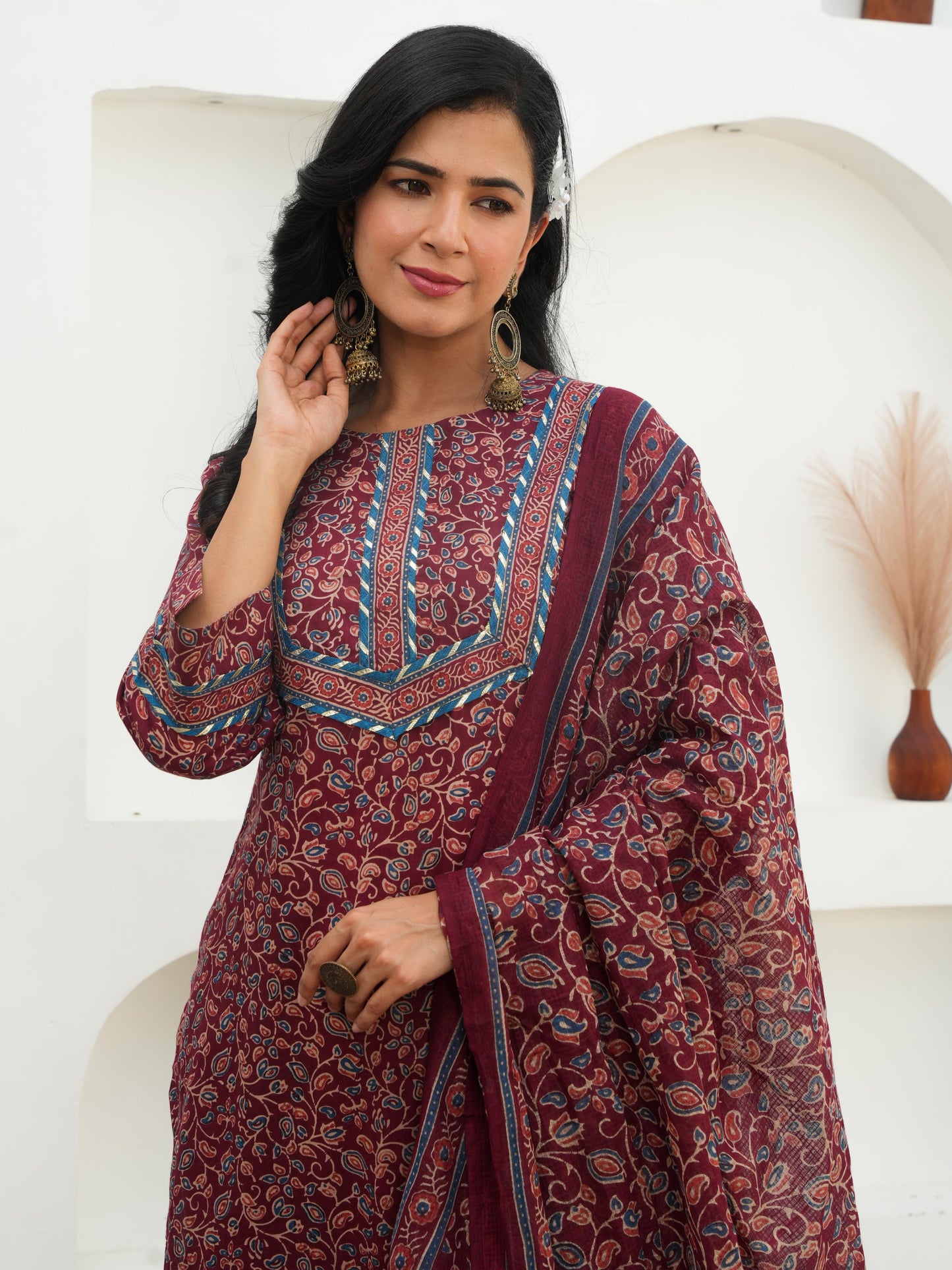 Soft Cotton Floral Straight Maroon Kurta