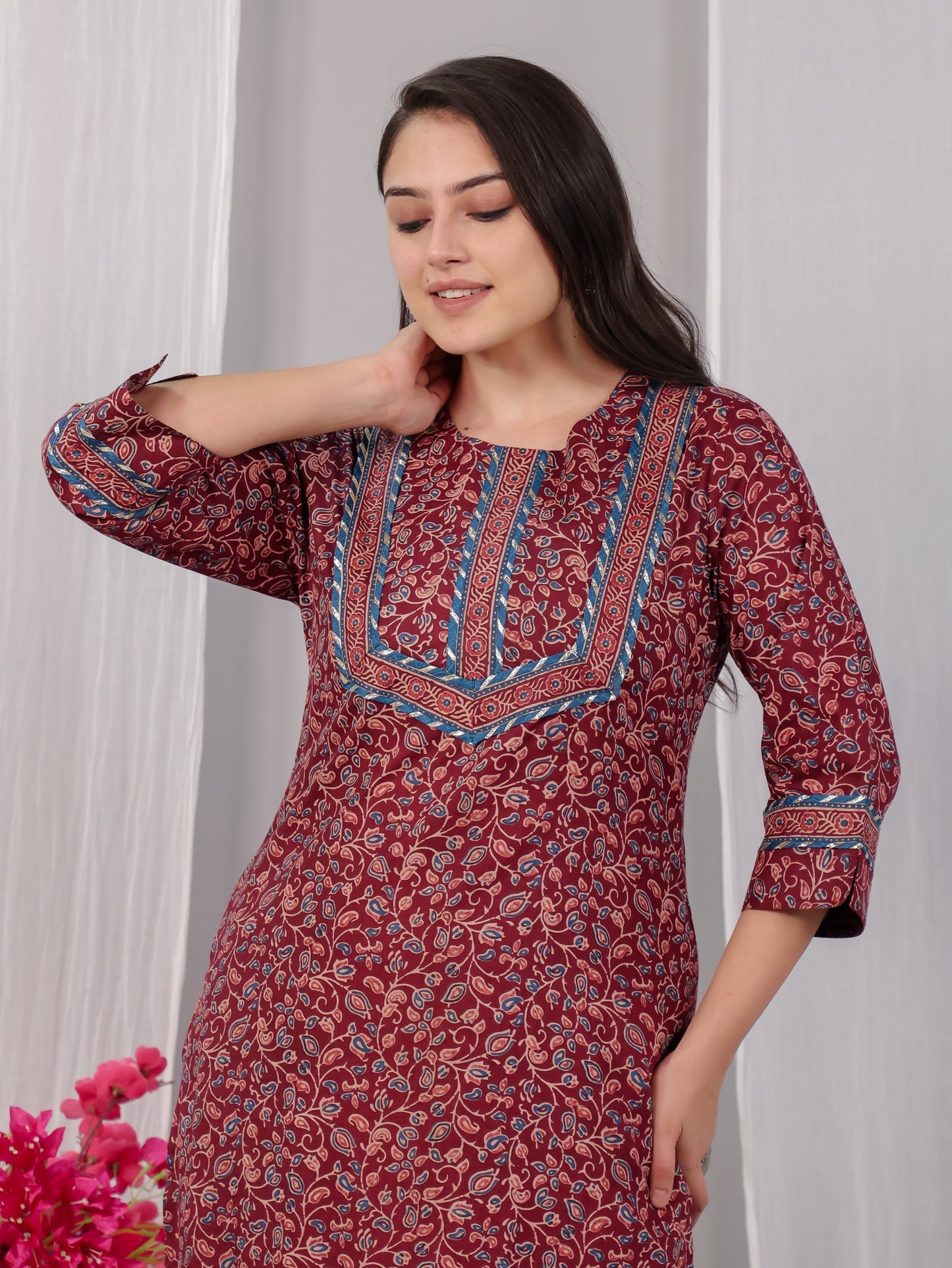 Soft Cotton Floral Straight Maroon Kurta