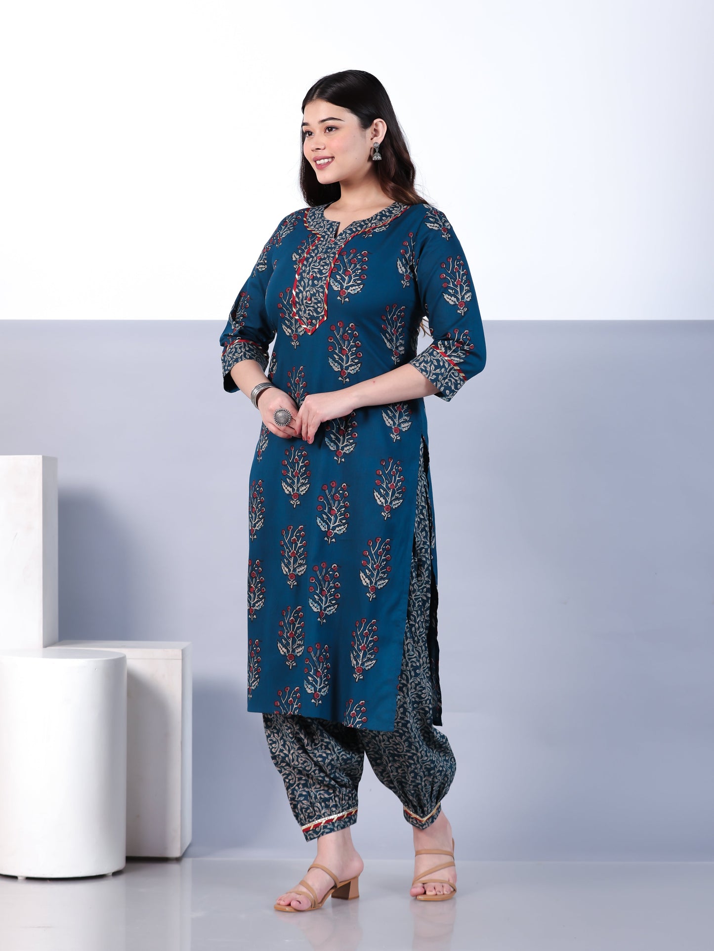 Soft Cotton Floral Straight Blue Kurta