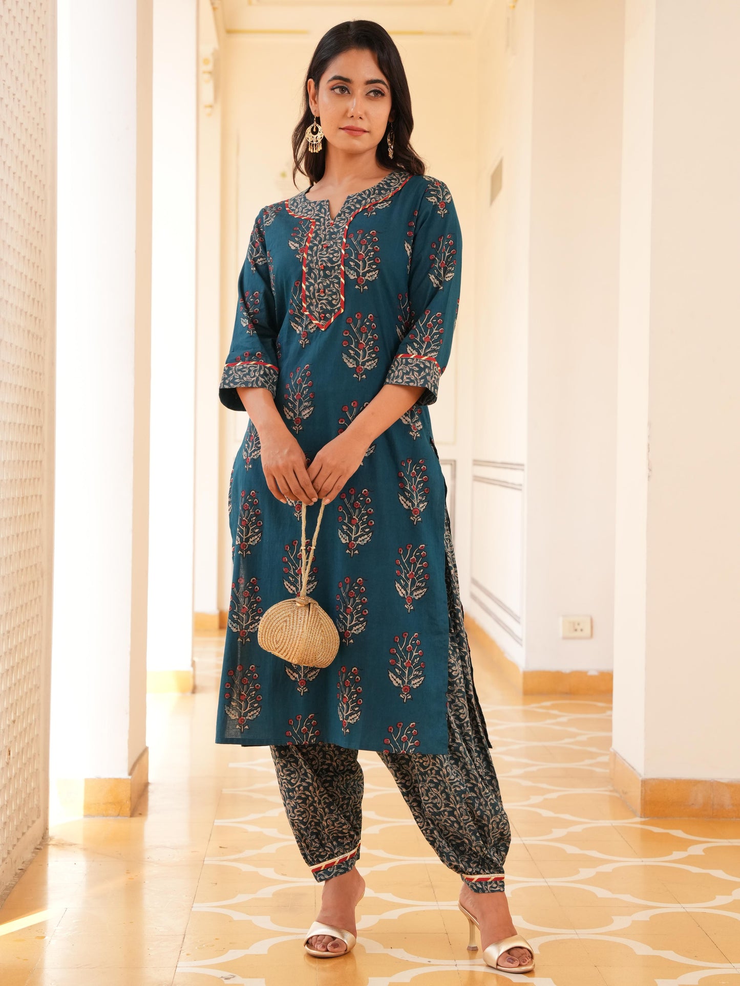 Soft Cotton Floral Straight Blue Kurta