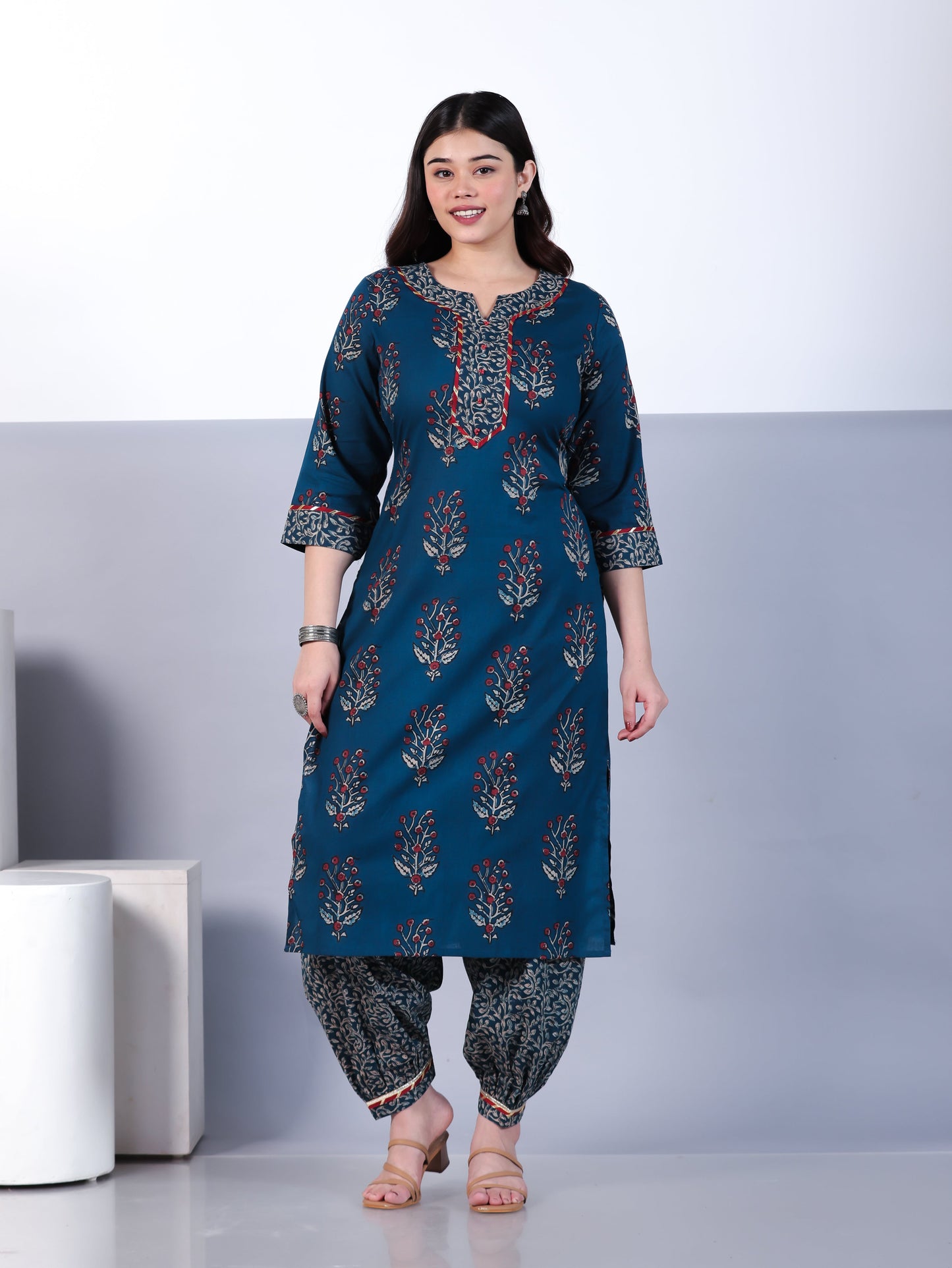 Soft Cotton Floral Straight Blue Kurta