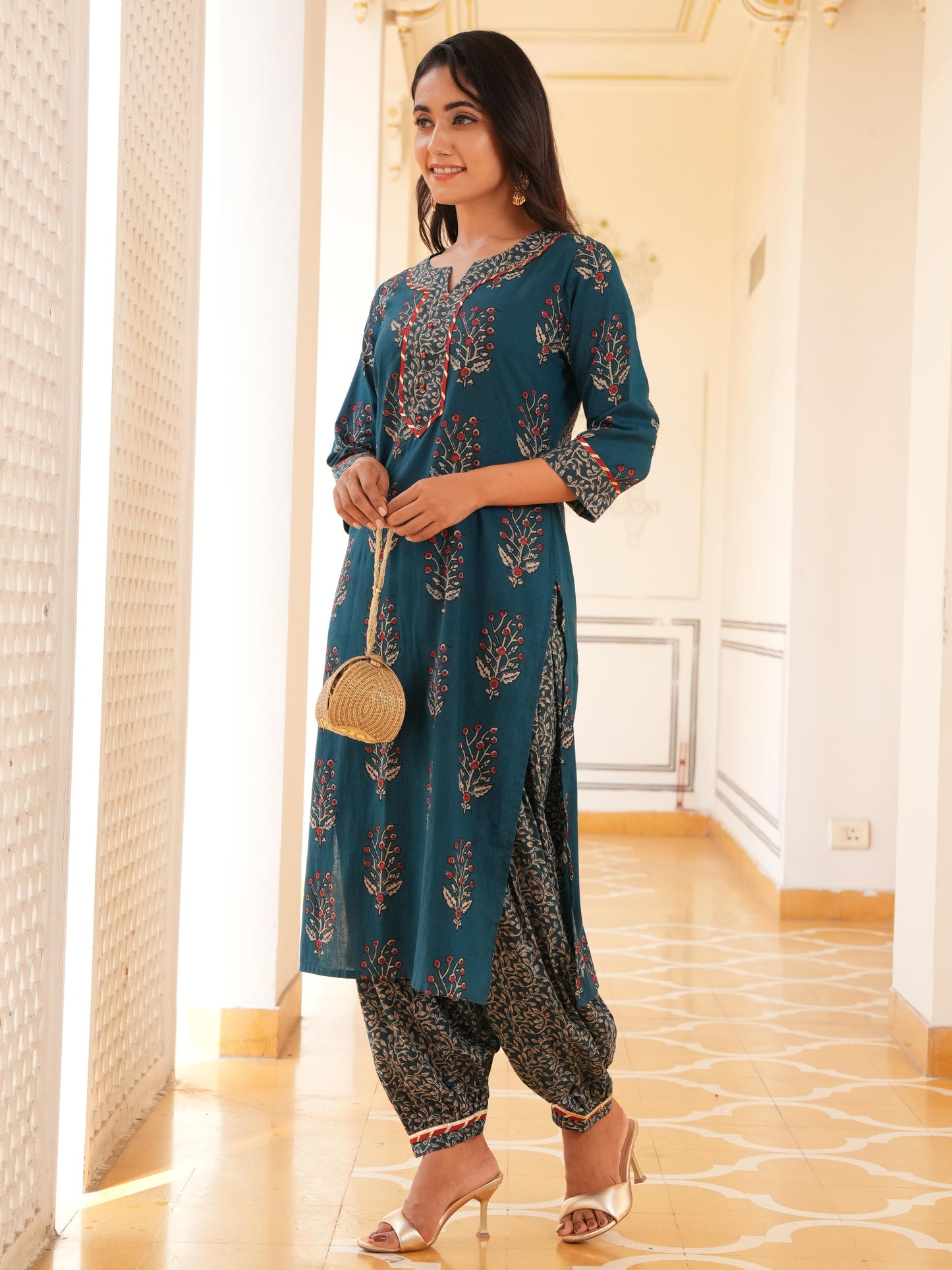 Soft Cotton Floral Straight Blue Kurta