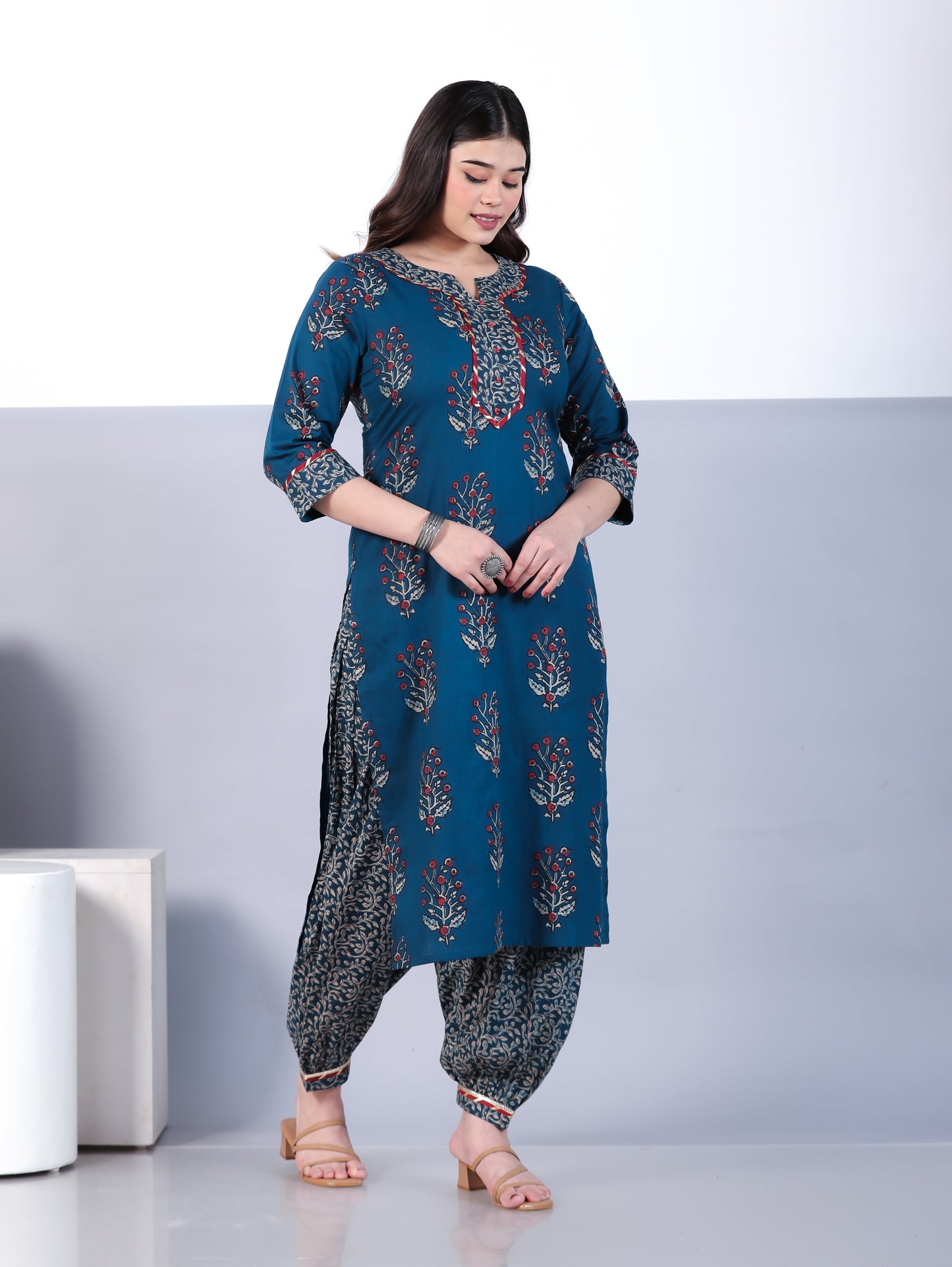 Soft Cotton Floral Straight Blue Kurta