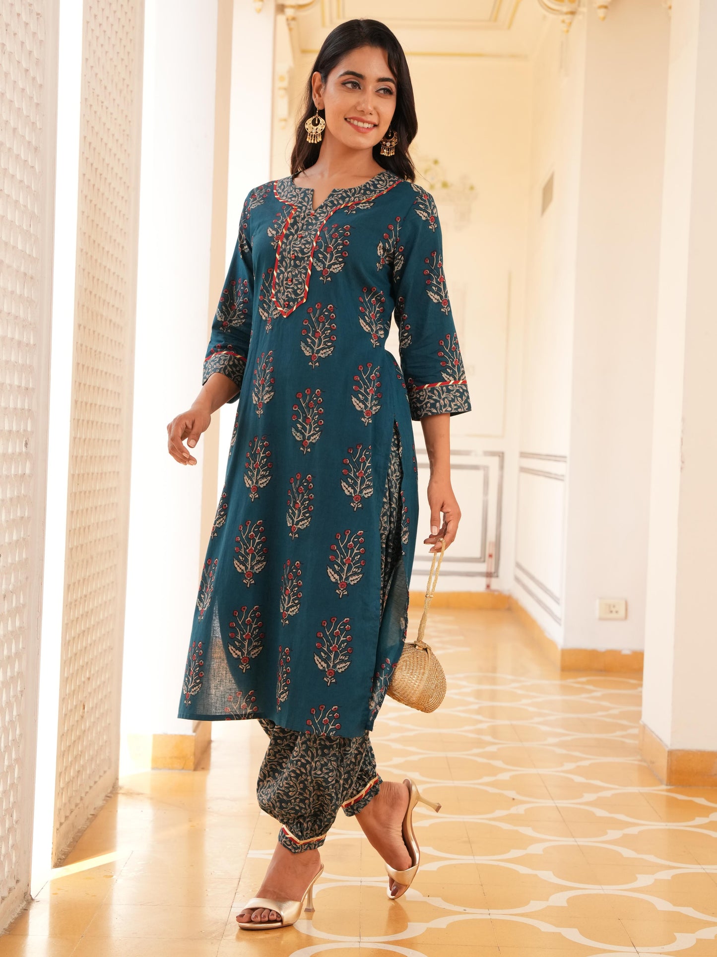 Soft Cotton Floral Straight Blue Kurta
