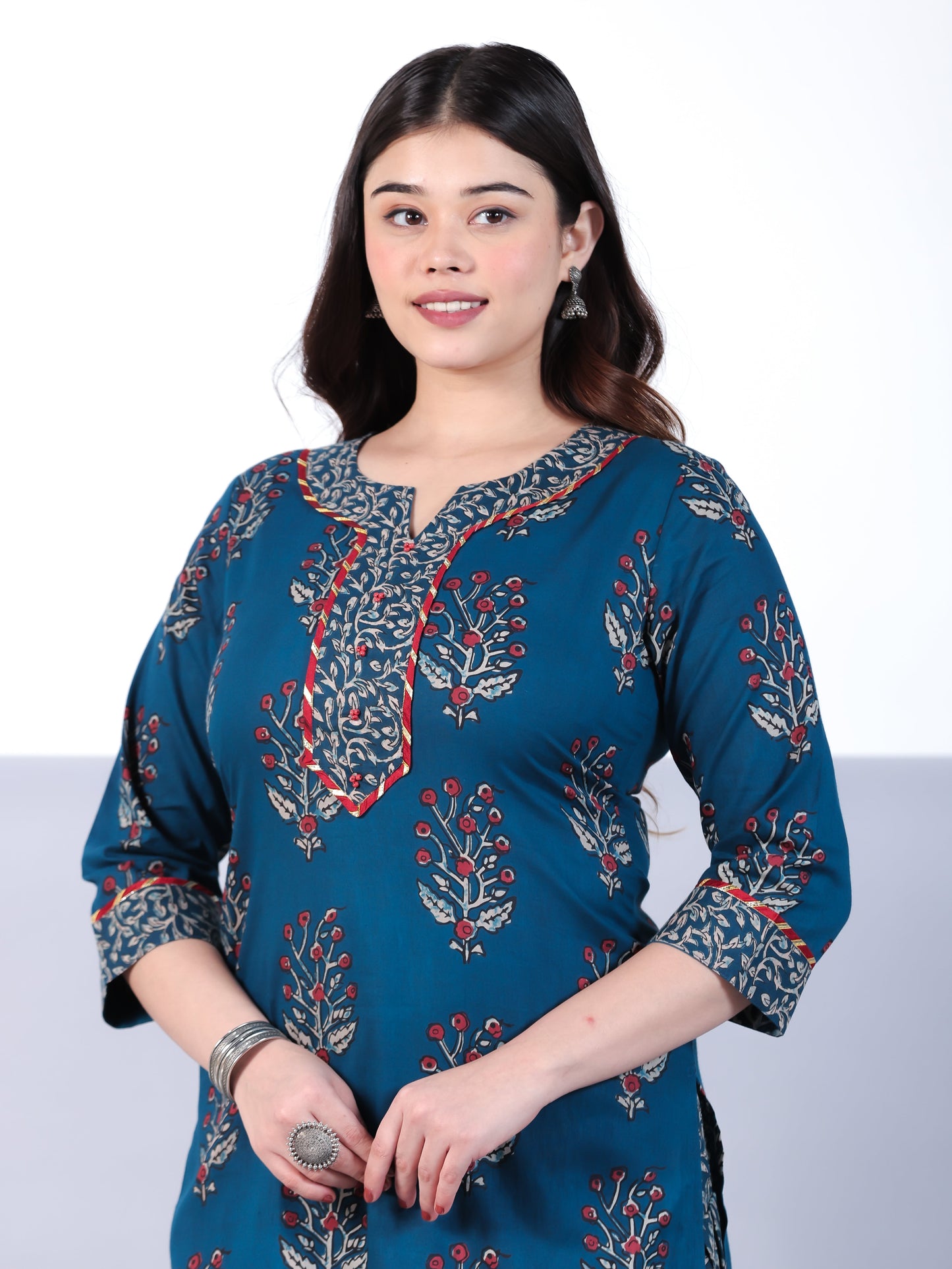 Soft Cotton Floral Straight Blue Kurta