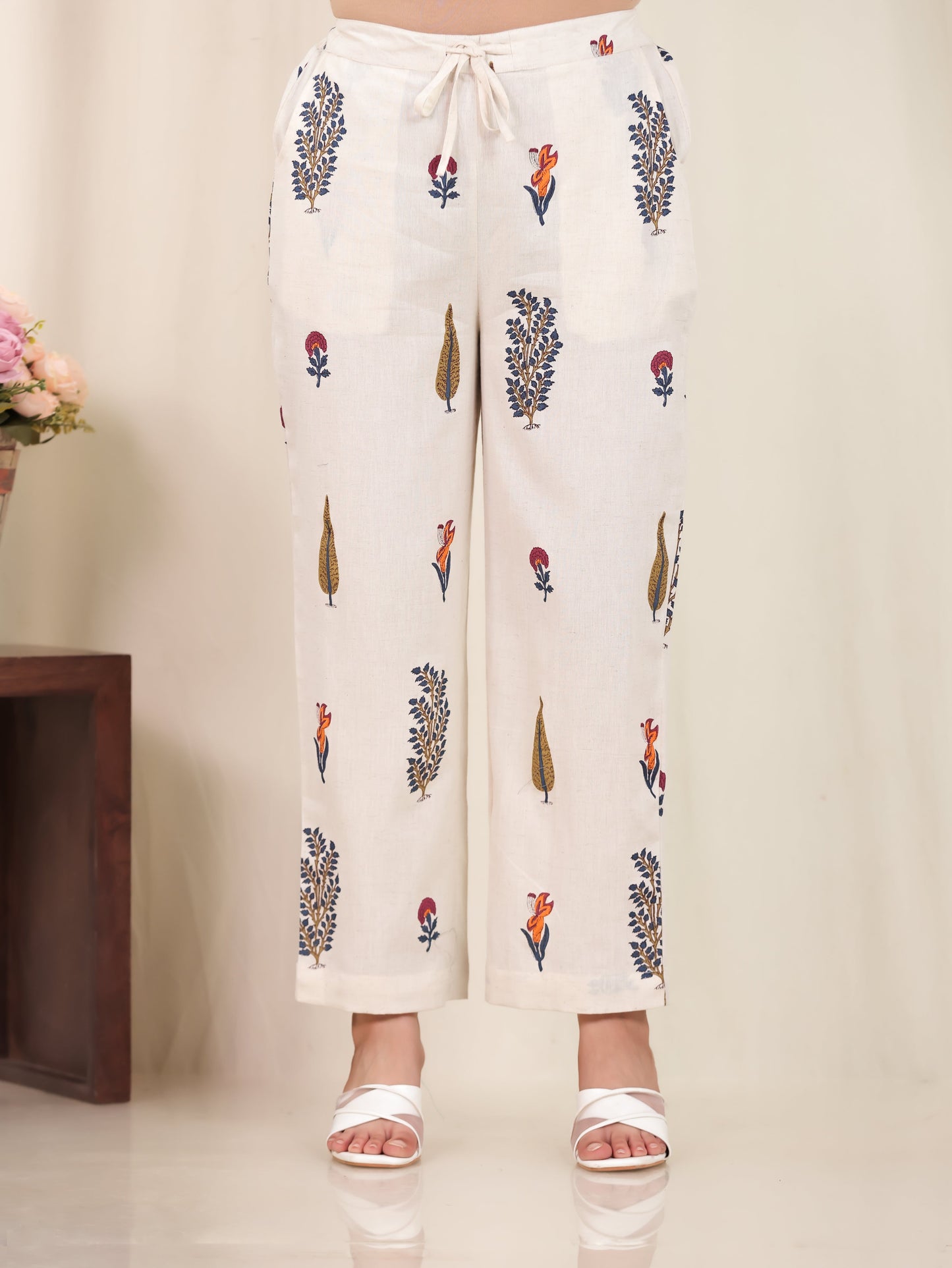 Linen Cotton Floral Off White  Trousers