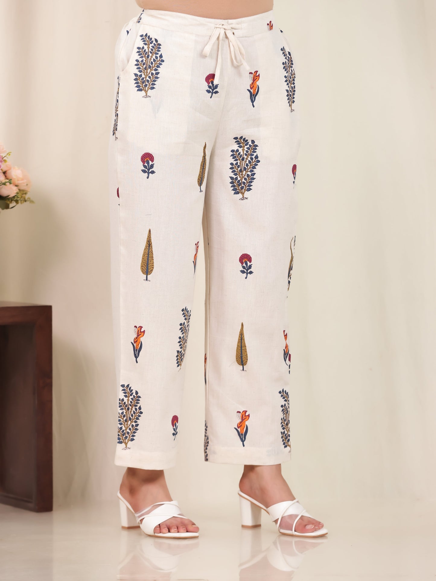 Linen Cotton Floral Off White  Trousers