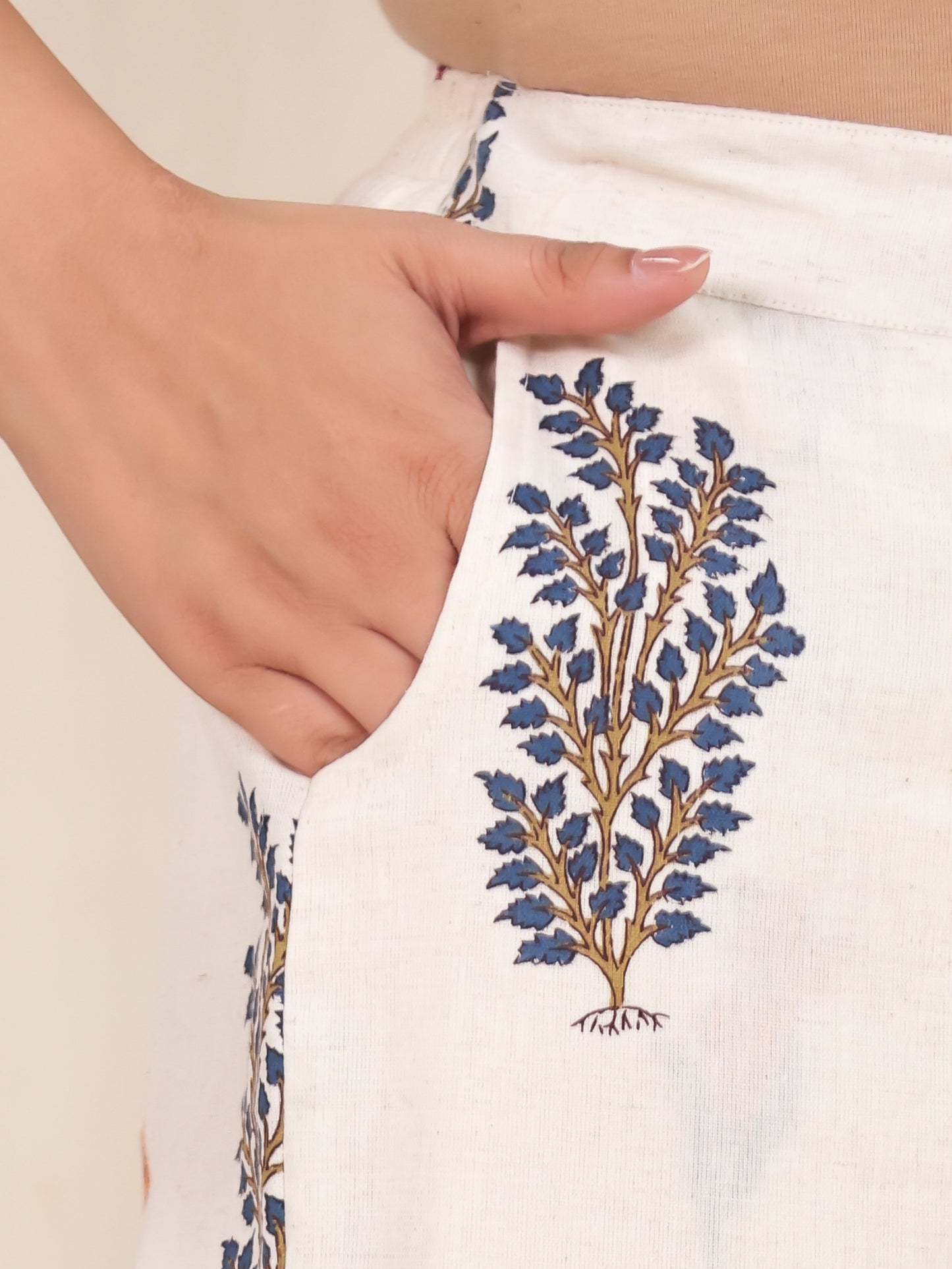 Linen Cotton Floral Off White  Trousers