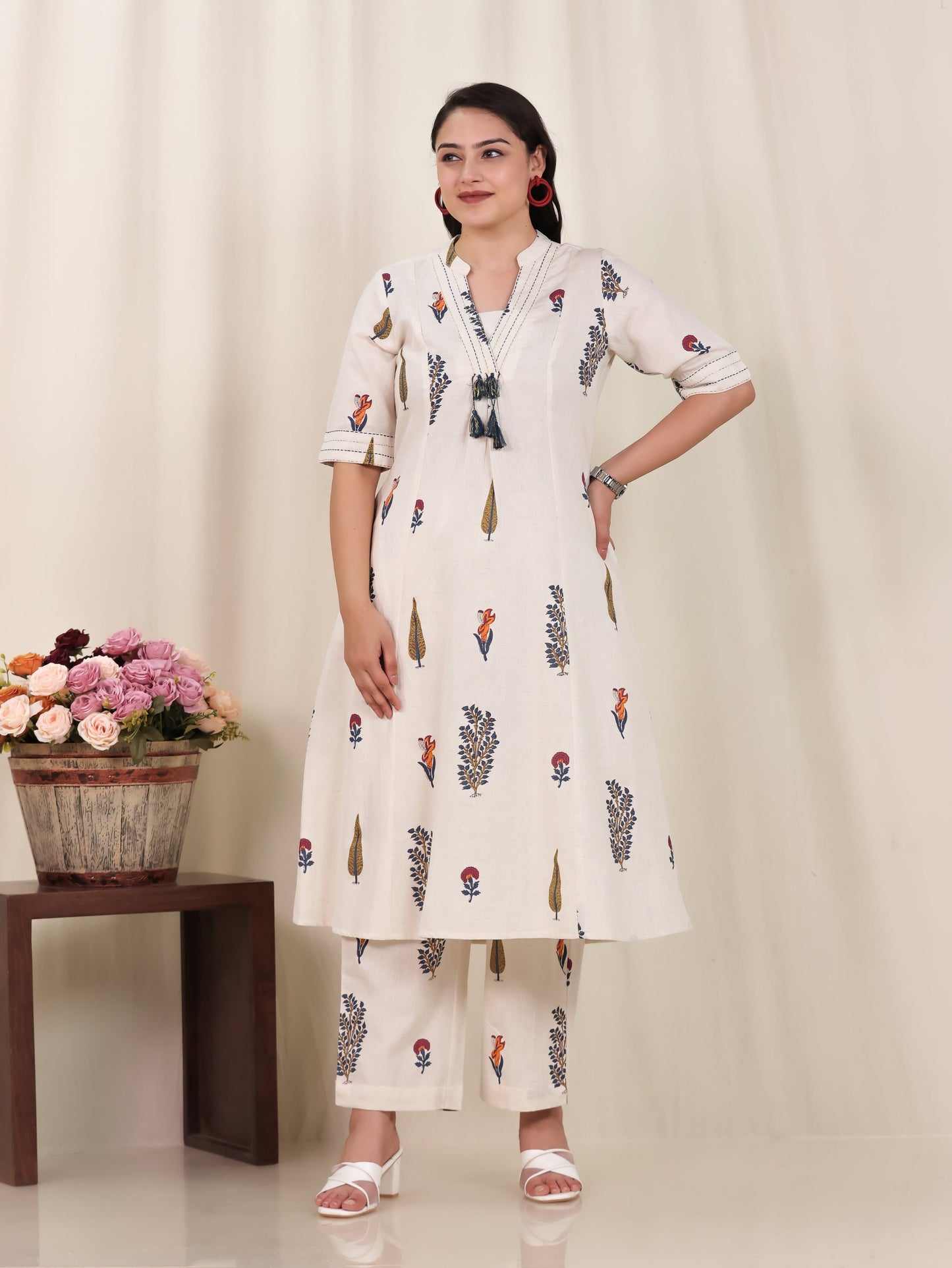 Embroidered Linen Cotton Floral Flared Off White Kurta