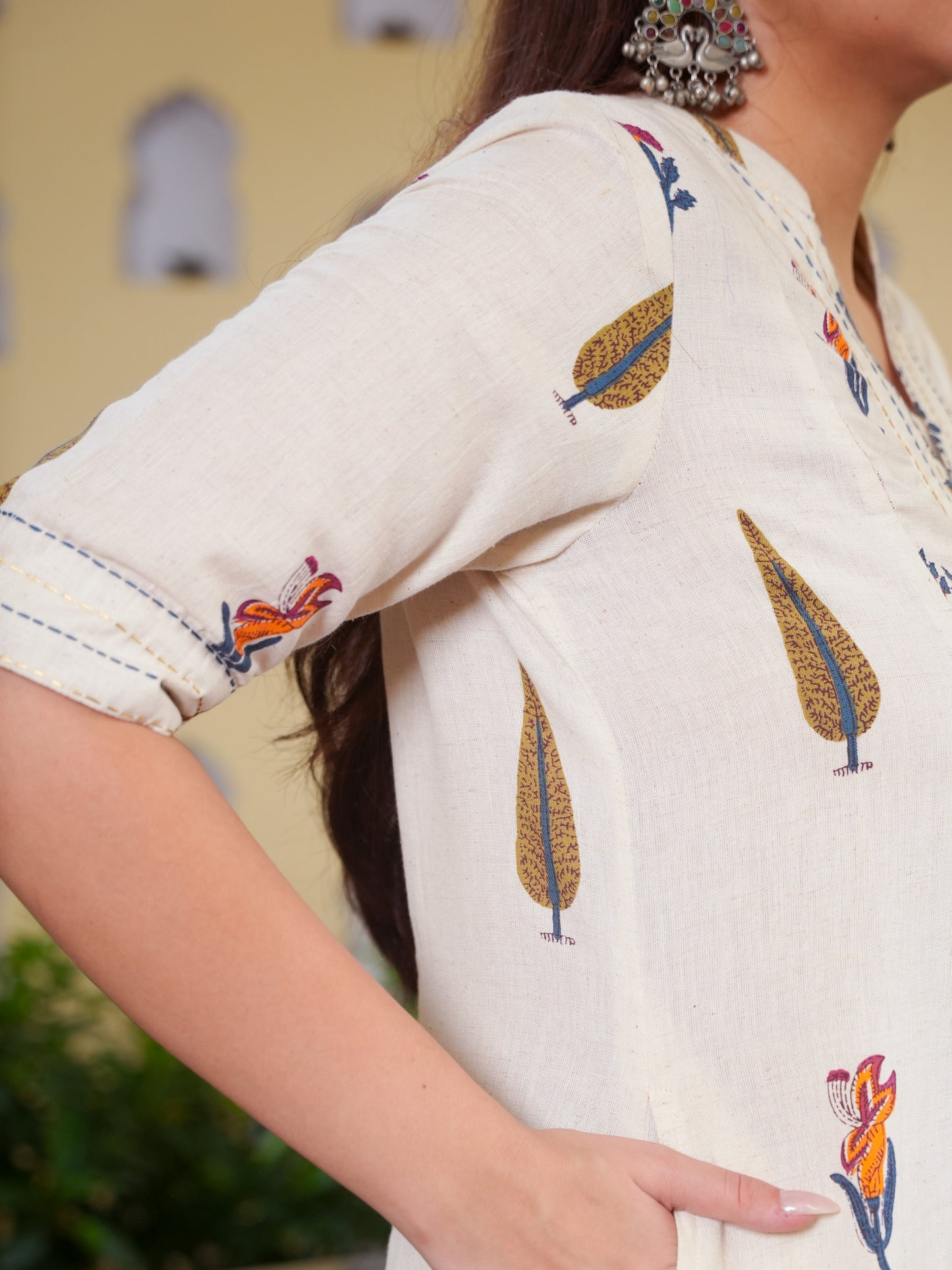 Linen Cotton Floral Flared Off White Kurta