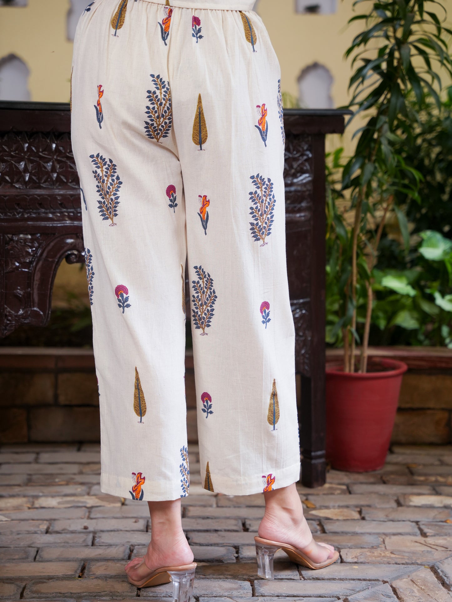 Linen Cotton Floral Flared Off White Kurta