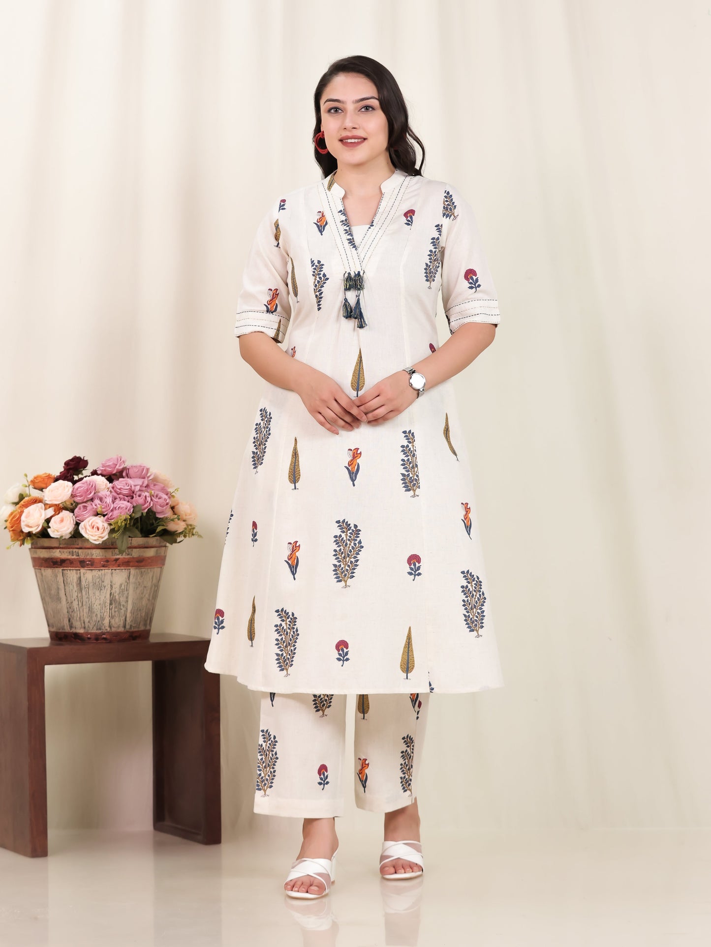 Embroidered Linen Cotton Floral Flared Off White Kurta